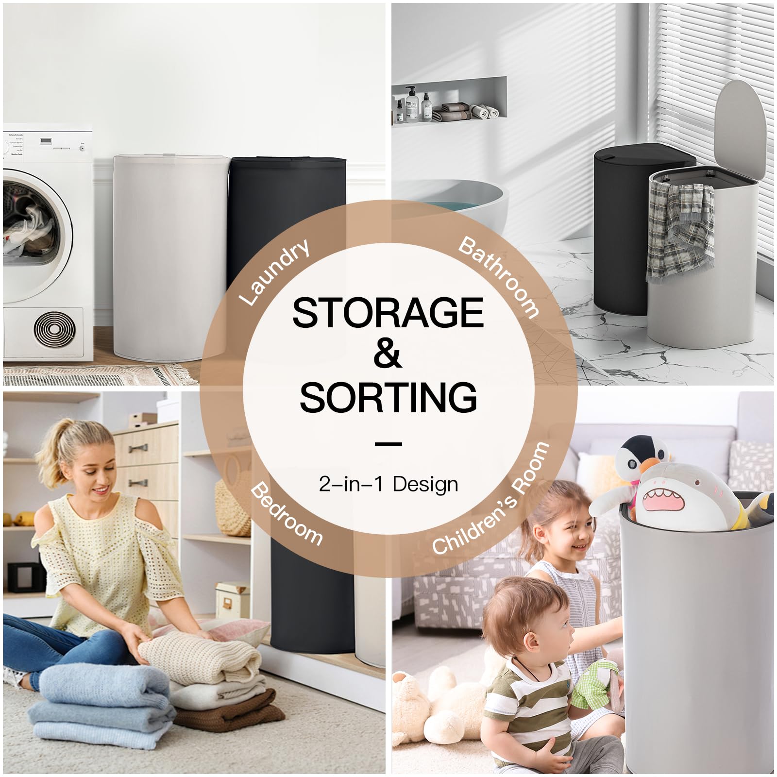 Juego de 2 cestas para la ropa sucia con tapa, 140 L, gran capacidad, con 2 compartimentos para clasificar la ropa sucia, 4 bolsas interiores extraíbles, cestas para Laundry y fácil de