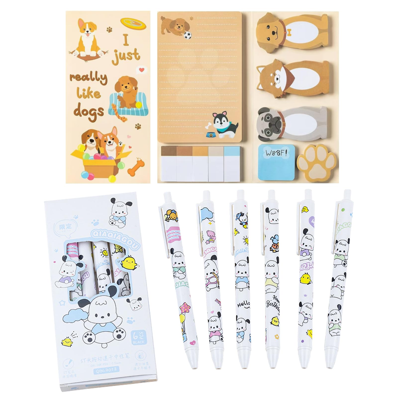 Cute Dog Stationery Set Includes 440 Sheets Dog Sticky Notes, 6 Pcs Dog Ball Point Gel Ink Pens, Cute Office Supplies, Back to School Office Gift for Kids Student Teacher (A)