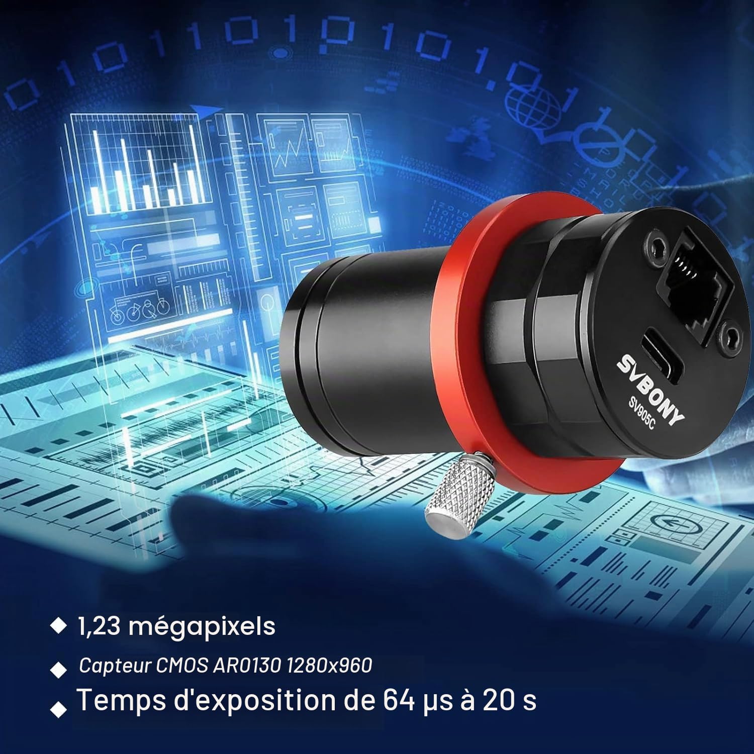 Svbony SV905C Caméra pour Télescope, Caméra d'autoguidage 1,25", Capteur CMOS Couleur 1,23 MP, USB 2,0, Revêtement AR, Port de Guidage ST4, Accessoire pour Télescope Destiné à L'astrophotographie