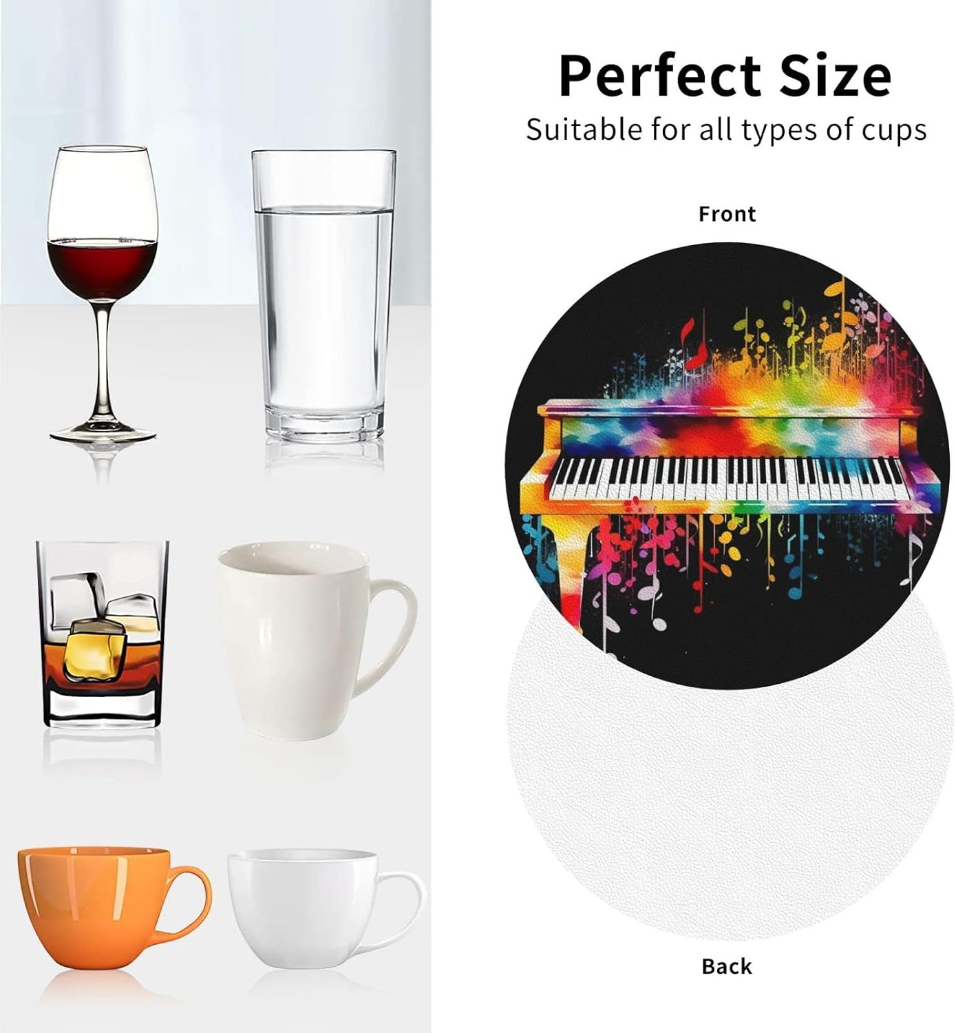 Colorful Piano Keyboard Music Note Leather Coasters Set of 4 Waterproof Heat-Resistant Drink Coasters Round Shape Cup Mat for Living Room Kitchen Bar Coffee Decor image 4