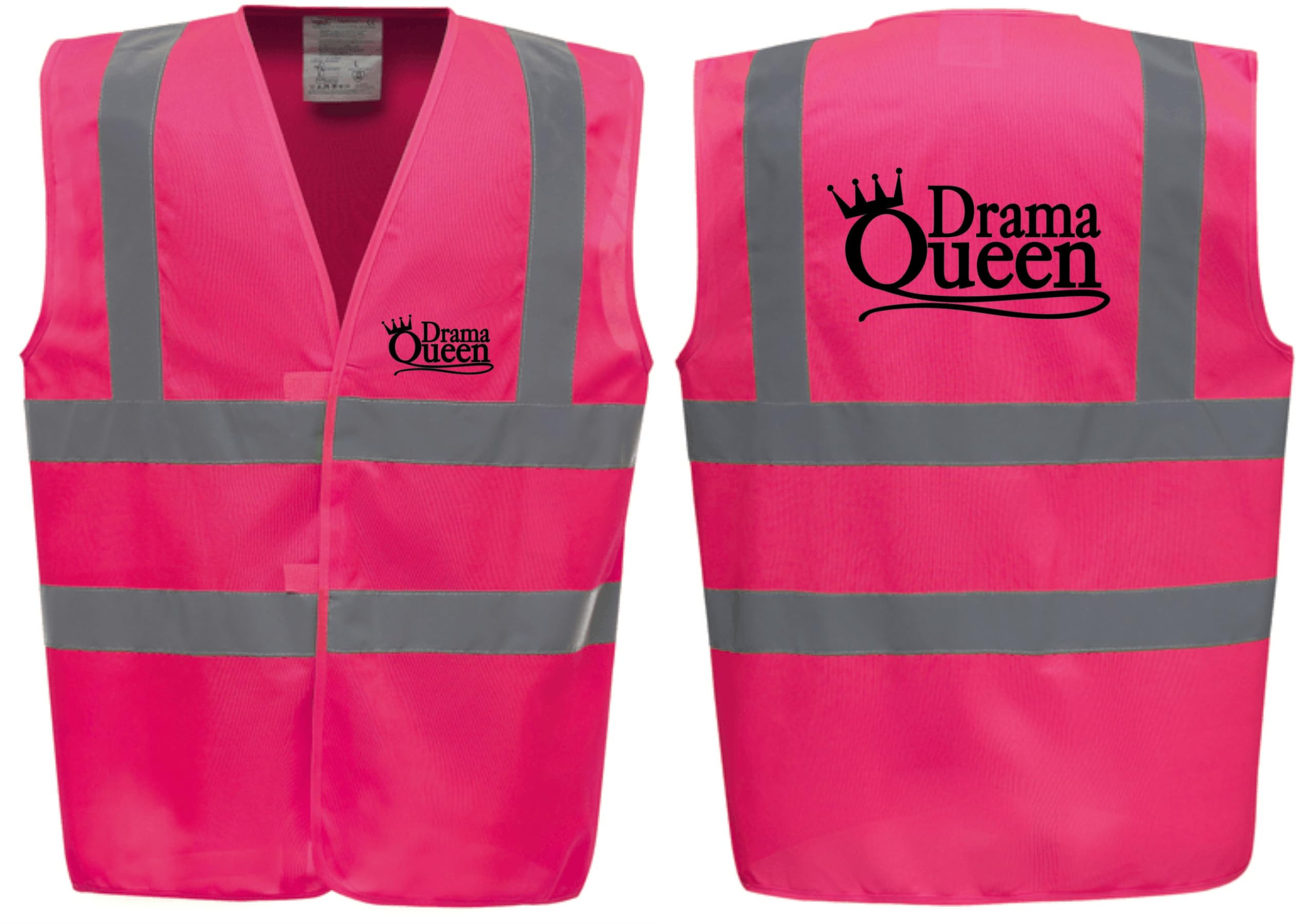 Premium Drama Queen Hi Vis Funny Joke Vest - Reflective High Visibility Waistcoat for Workplace Humour, Pink or Yellow by Brook Hi Vis. (UK, Alpha, XL, Regular, Regular, Standard, Pink)
