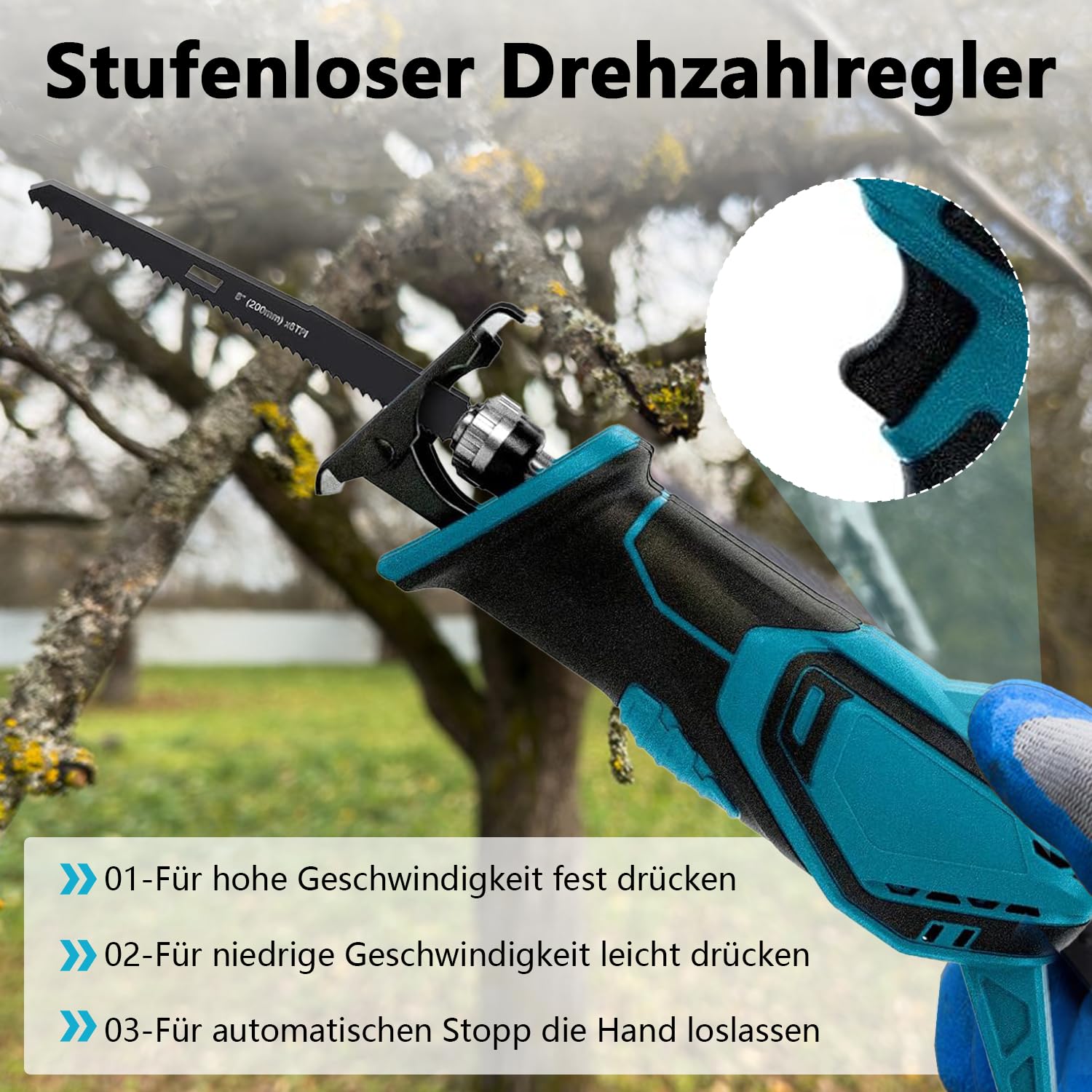 Sierra de sable inalámbrica compatible con batería Makita de 18 V, sierra de sable inalámbrica para serrar madera/acero con 4 hojas de sierra sable, gafas protectoras y guantes (sin batería/sin