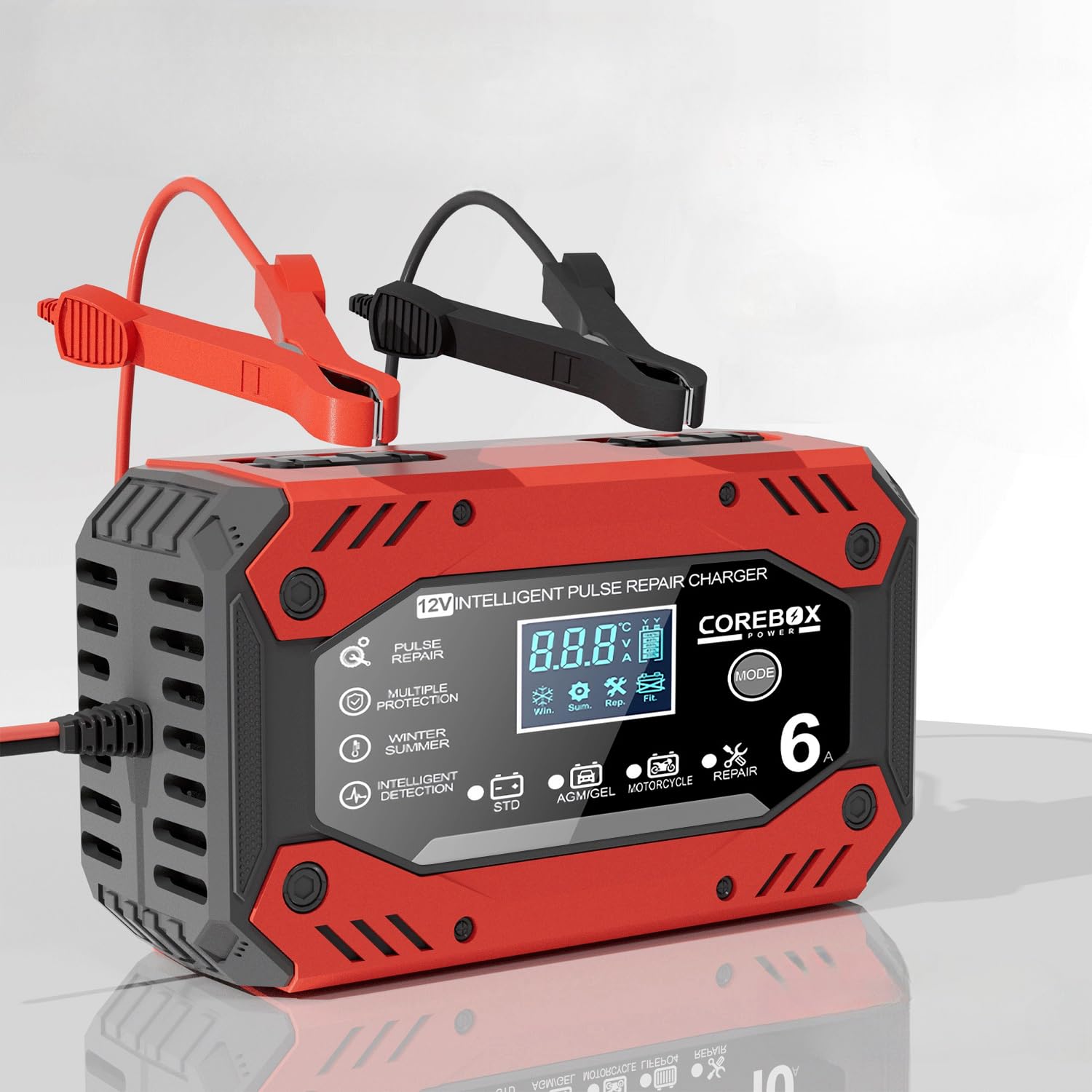 Ładowarka do akumulatora samochodowego 6 A, 12 V, w pełni automatyczna ładowarka do akumulatora samochodowego z ekranem dotykowym LCD, kompensacja temperatury, tryb naprawy, w pełni automatyczna