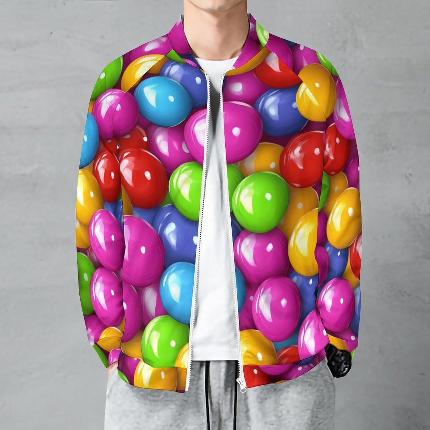 Colorful Candy Print Men's Zip Up Sweatshirt Casual Sweater Jackets Long Sleeve Tops Lightweight Coat