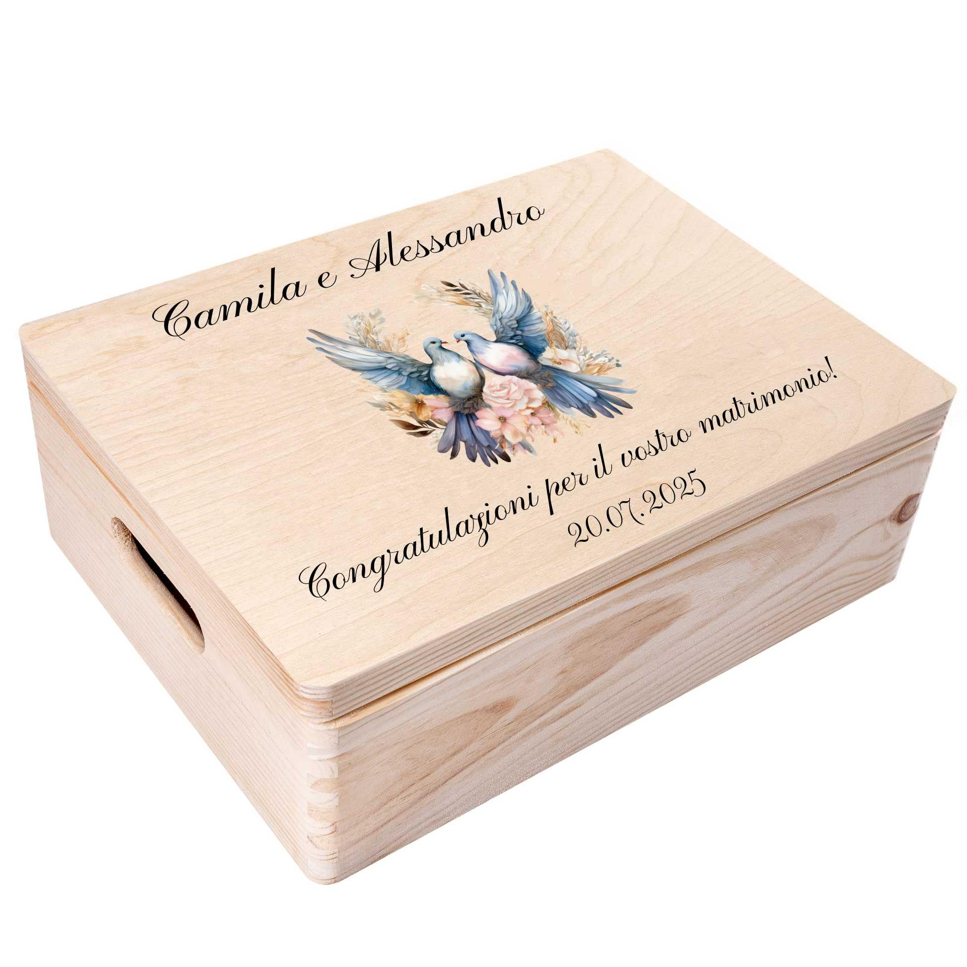 Creative Deco Scatola Ricordo Matrimonio Personalizzata, Colombe Blu | In legno, incisione e stampa a colori personalizzata, per nozze, motivo colombe blu, scatola porta ricordi