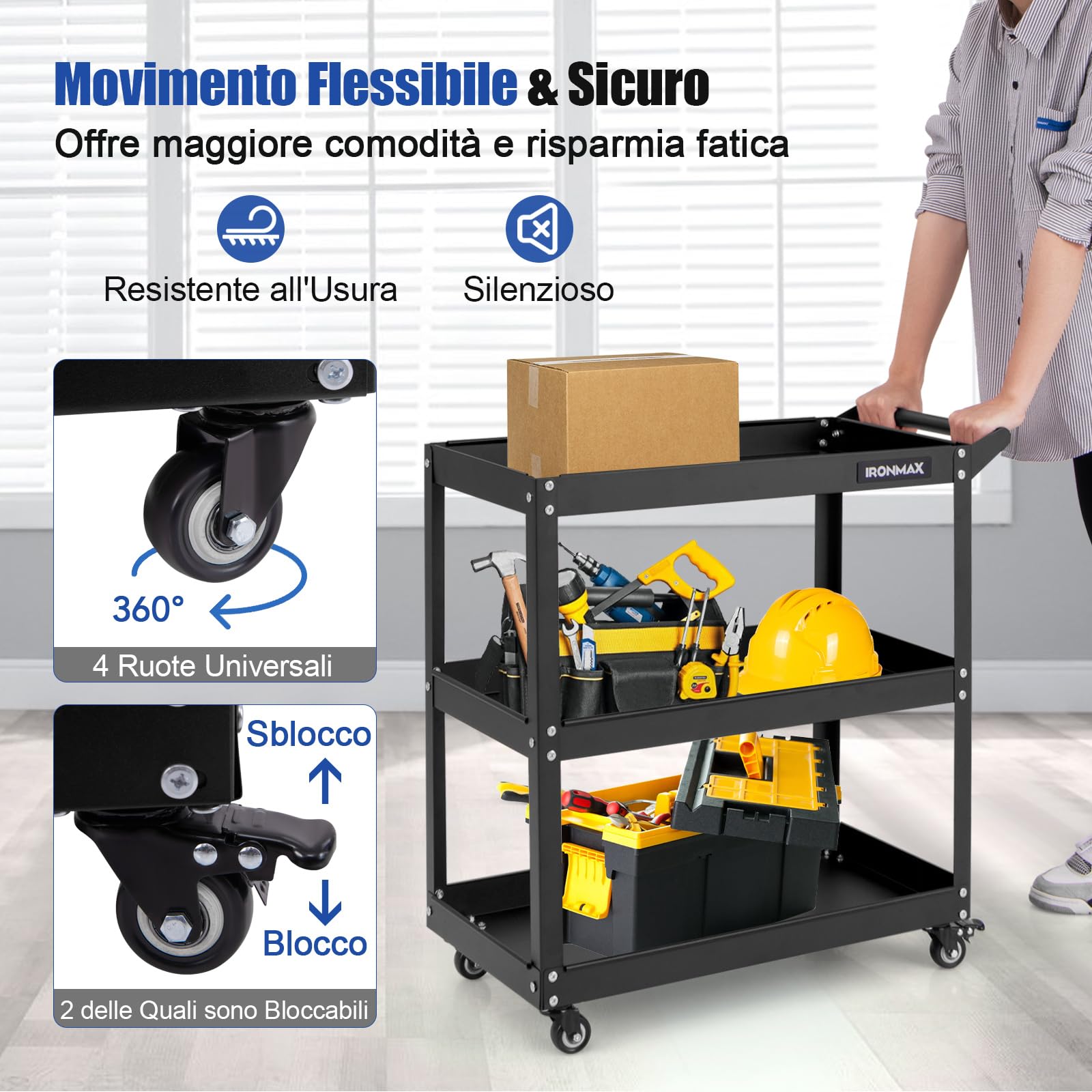 COSTWAY Carrello Portautensili a 3 Livelli, Carrello Metallico Resistente con 3 Ripiani, 4 Ruote Universali con 2 Freni, per Garage, Casa, Magazzino, 73 x 36 x 75 cm (Nero)