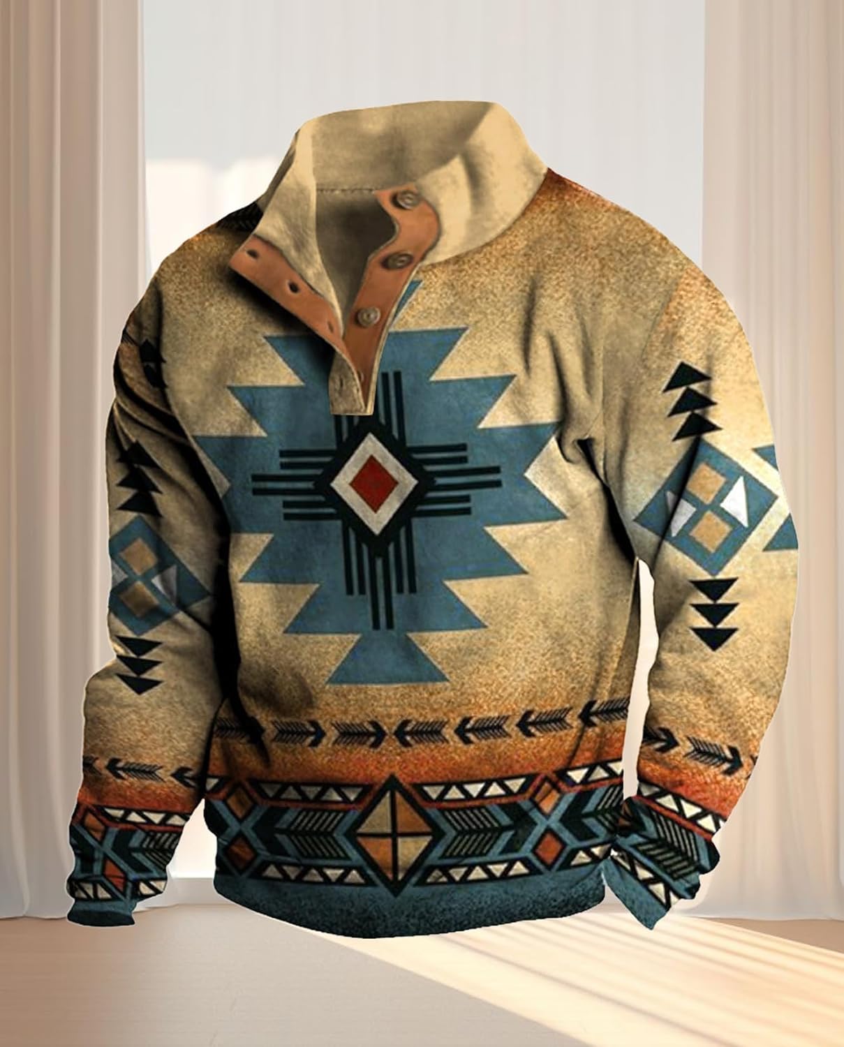 Western Sweatshirts for Men Aztec Ethnic Print Quarter Zip Pullover Fleece Hoodies Casual Stand Collar Sweatshirt - Image 5