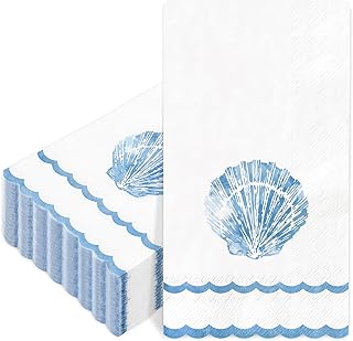 100 Pcs Blue Seashell Guest Napkins Sea Shell Scalloped Disposable Napkins Ocean Dinner Hand Paper Napkin for Bathroom Summer Holiday Party Table Supplies