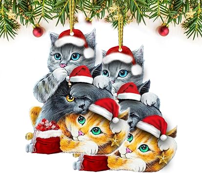 DECORLUXES مجموعة 2 عيد الميلاد الحلي 3.1 " -3 لطيف القط عيد الميلاد، عيد الميلاد الحلي الاكريليك، شجرة عيد الميلاد شنقا، شجرة توبر الحلي - زخرفة شجرة عيد الميلاد الزخرفة