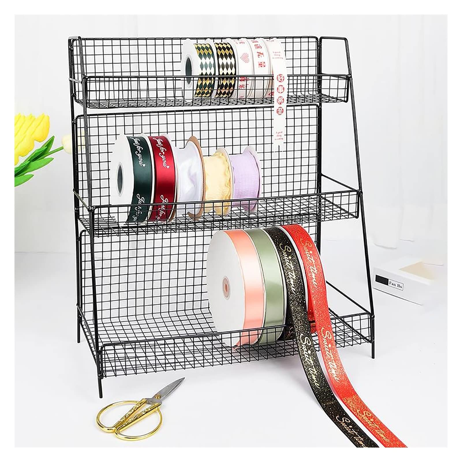 BESNUT 3 Tier Metal Wrapping Paper Dispenser, Craft Room Organizers and Storage, Ribbon Holder Gift Wrap Paper Rack Holder for CD Record Reel/Stamp Roll/Spools