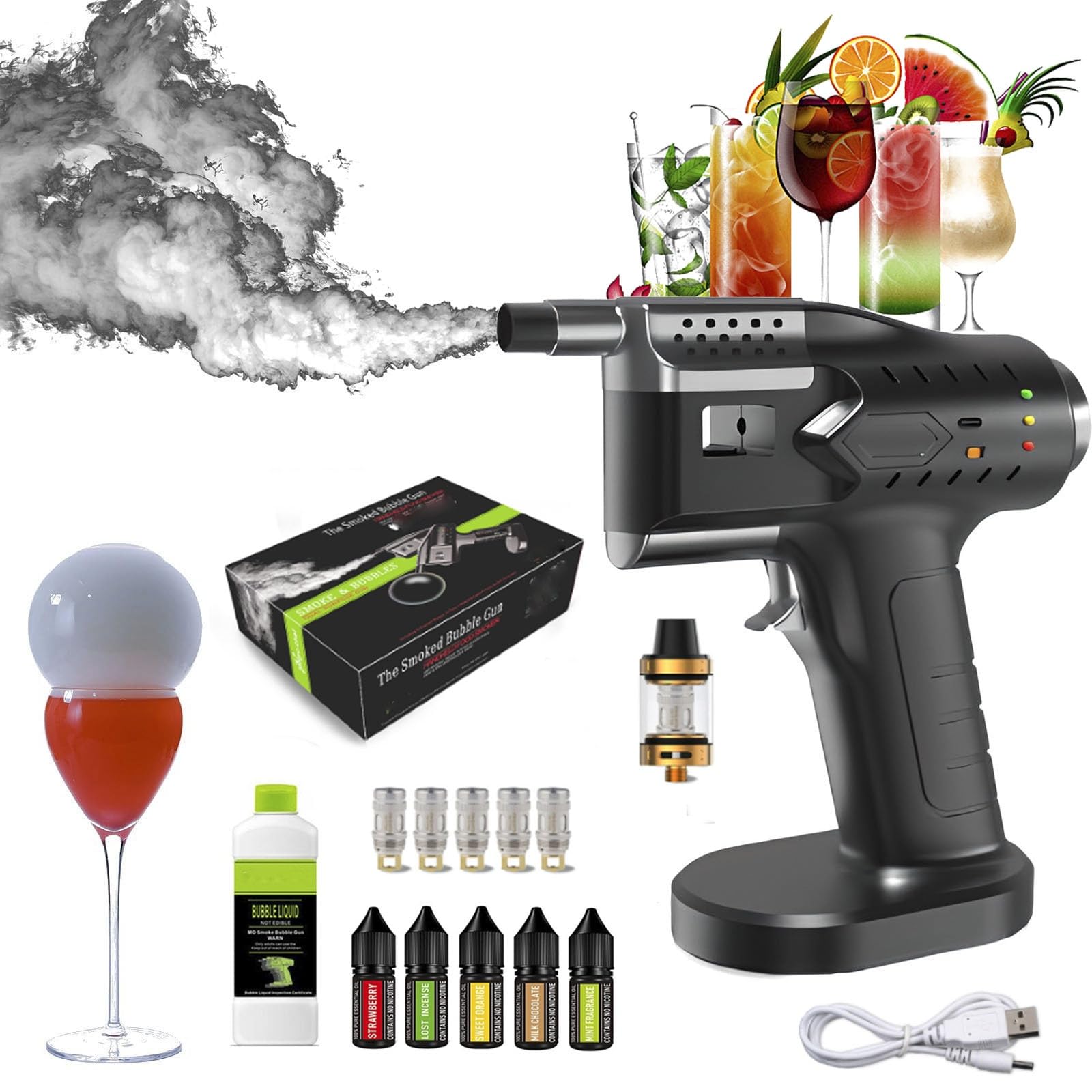 Ręczny pistolet do baniek mydlanych, pistolet do baniek koktajlowych, narzędzie do generowania dymu, nie wymaga otwartego ognia, do eleganckiego dymu, jedzenia, koktajli, mięsa, napojów