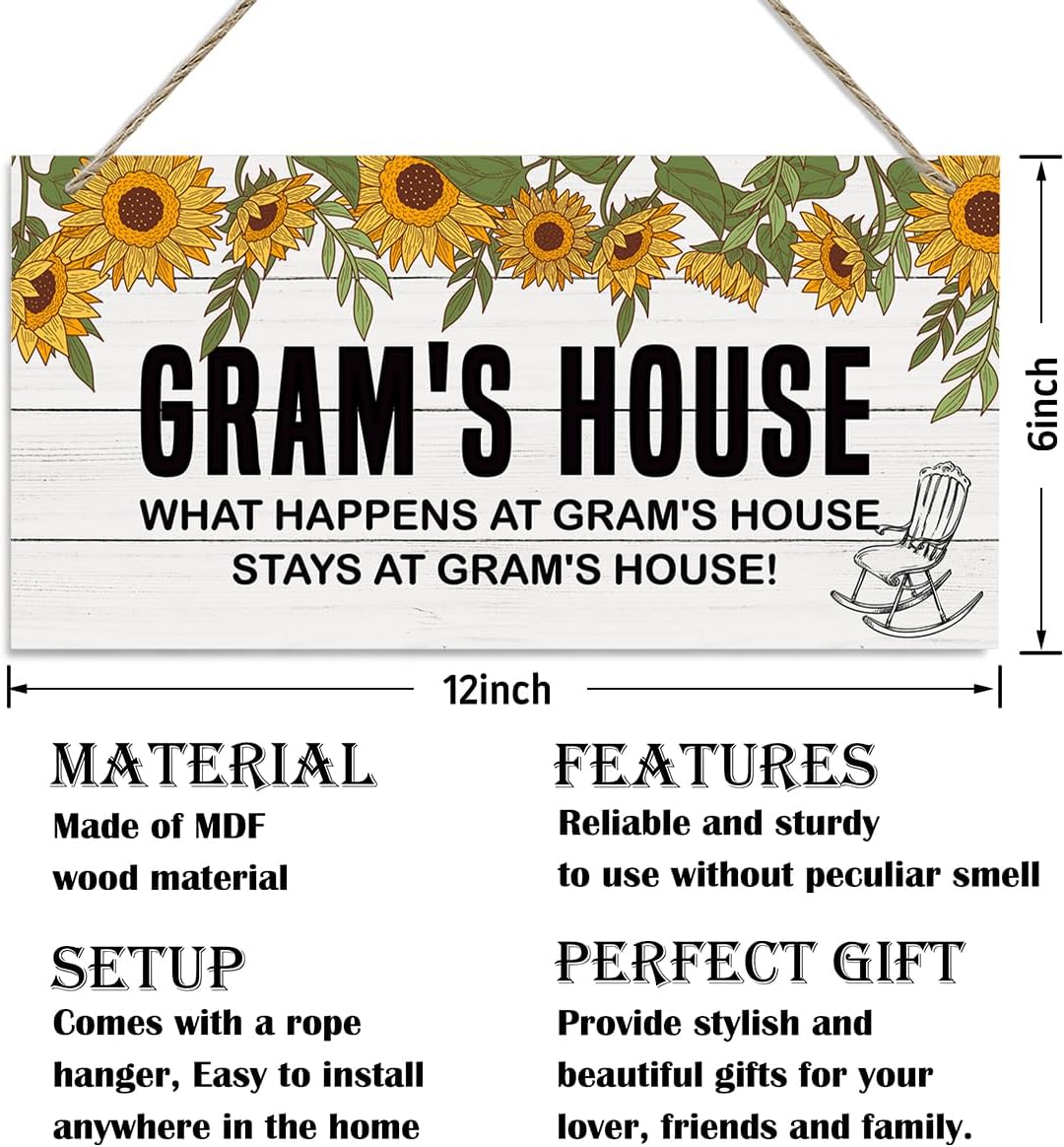 Rustic Gram's House Decor Sign, Sunflower Sign, Hanging Decorative Wood Plaque, Printed Wood Art Wall Decor, What Happens at Gram's House, Stays at Gram's House Sign, Gift for Grandma 12x6in - Image 2