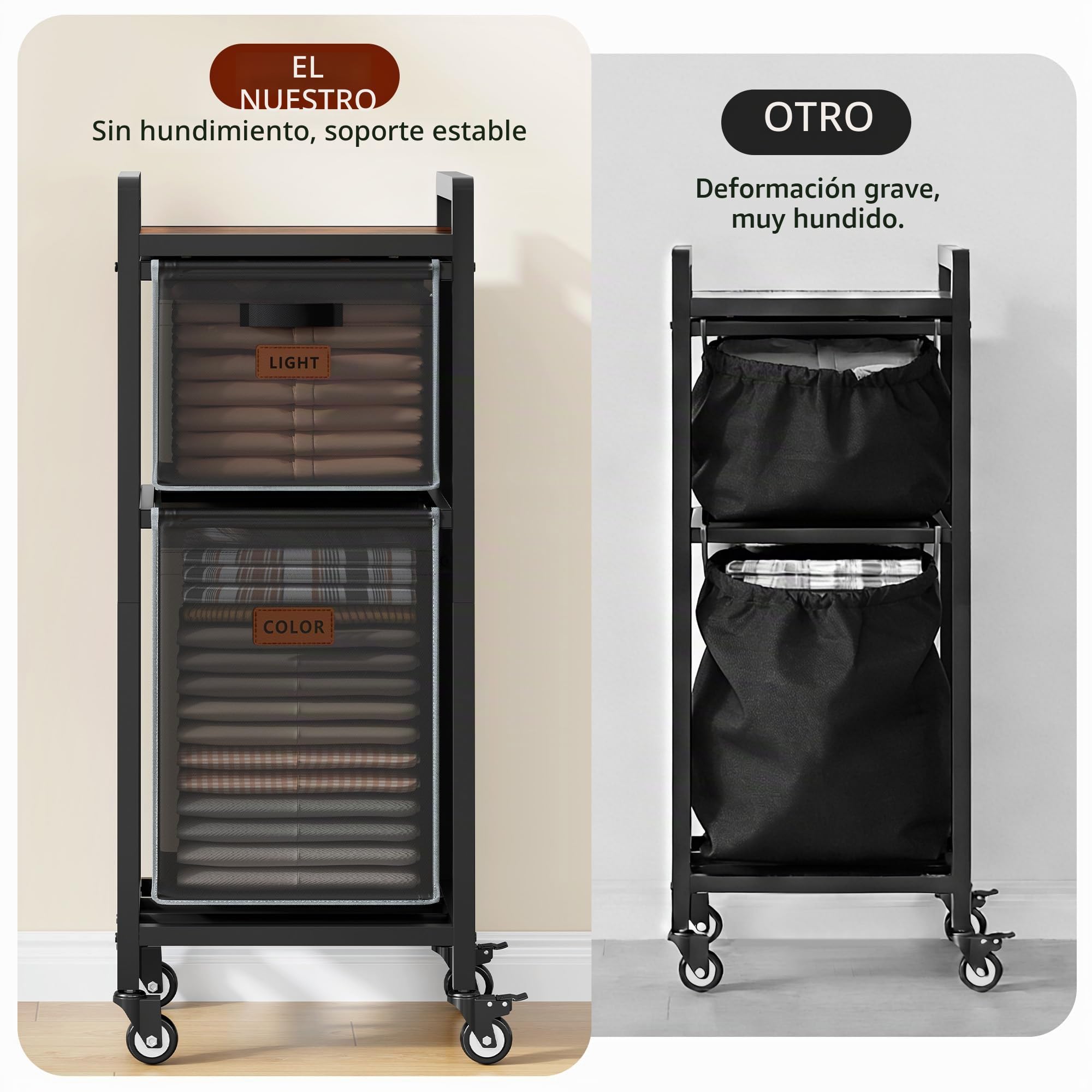 FAVOOSTY Cesto para Ropa Sucia, 2 Compartimentos, 70L, Cesta de Colada con Tablero Superior y Ruedas, Marco Metálico, Cesto Colada para Dormitorio, Baño, Dormitorio, Lavandería, Negro