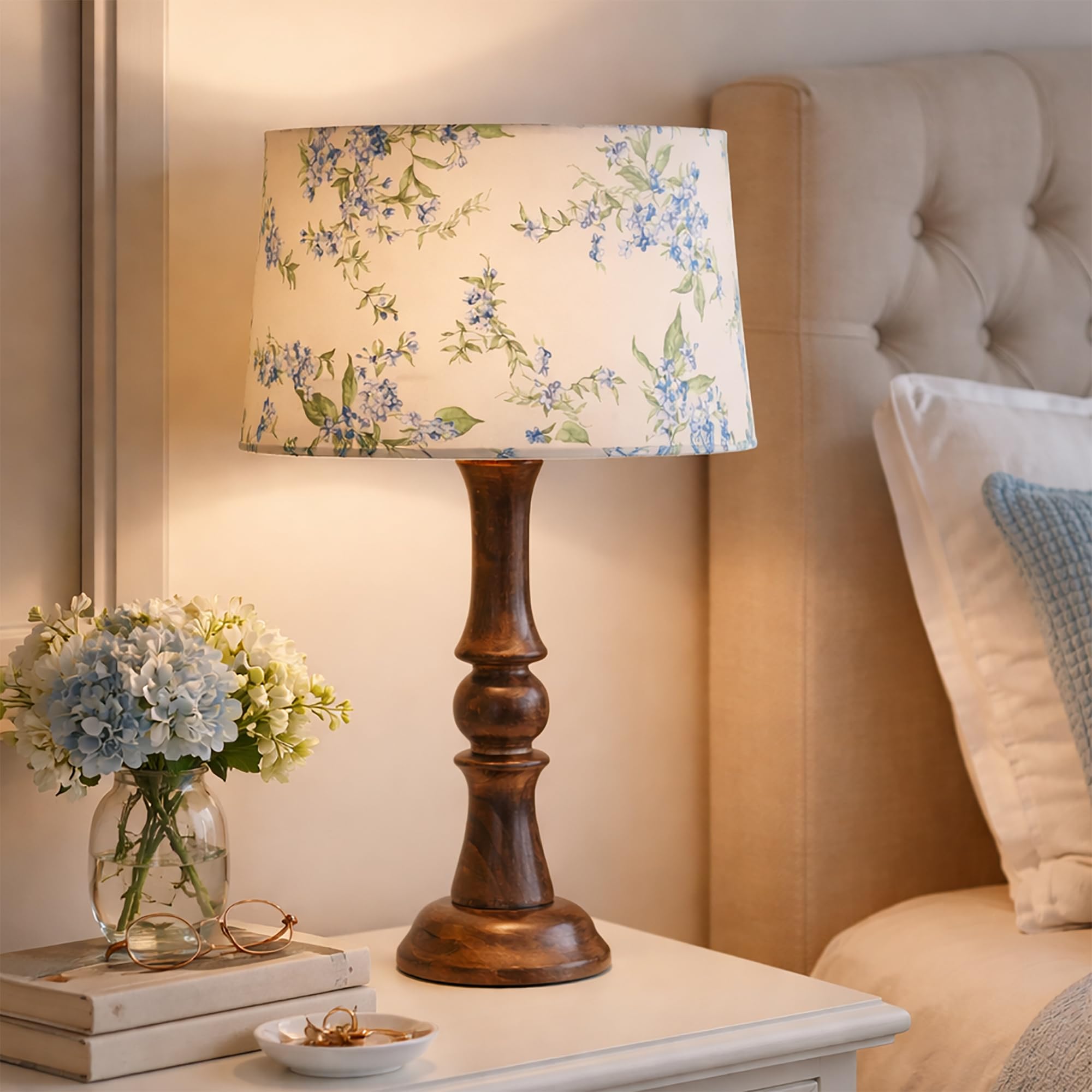 Elegant Lathe-Turned Doumbeks Wooden Base Decorative Wooden Table Lamp with Printed Fabric Shade | Bedside Lamp for Bedroom & Living Room | E27 Bulb Holder with Bulb Included (Cornflower)-image-24