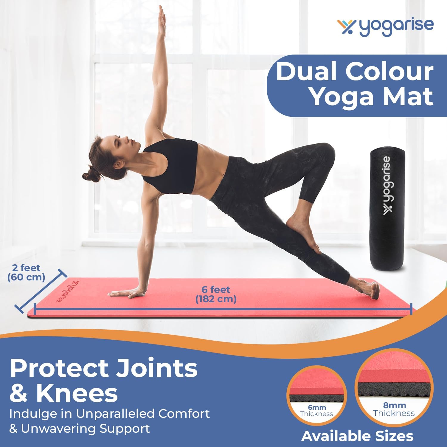 8mm Dual Yoga Mat with Bag & Strap, Yoga Mat for Women & Men, Premium TPE Material Extra Thick Exercise Yoga Mat for Workout, Yoga, Fitness, Exercise Mat Anti Slip Mat, Yoga Mat Gym Mat (Red