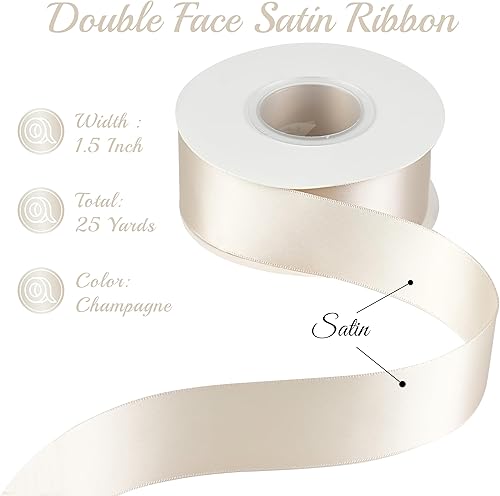 Miniatura 2 de MAYREEL Cinta de satén champán de 1.5 pulgadas, color dorado claro, grueso, doble cara para manualidades, ramos de flores, envoltura de regalos,