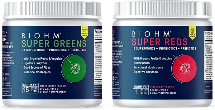BIOHM Super Reds and Greens Bundle, Superfood Powder with Probiotics and Digestive Enzymes, Packed with Antioxidants and Polyphenols, Allergen Free, Non-GMO, Vegan - 30 Servings Each