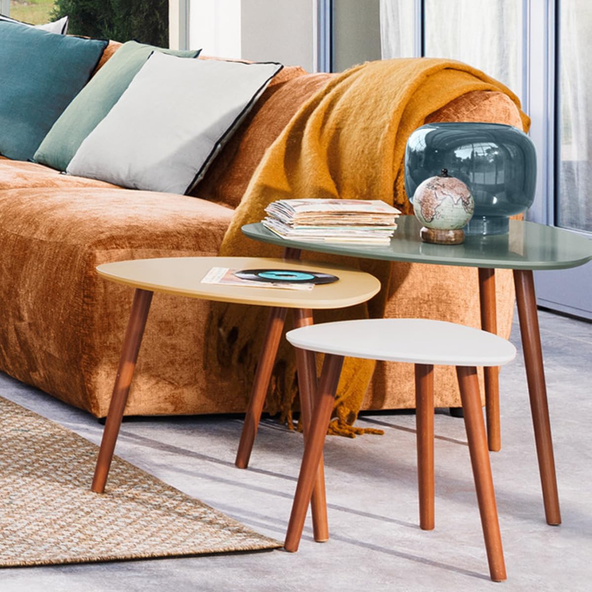 Atmosphera - Juego de 3 mesas Nido Mileo - Multicolor y Madera, 45 cm de Alto - Estilo Retro escandinavo - Mesas auxiliares y de Centro para salón