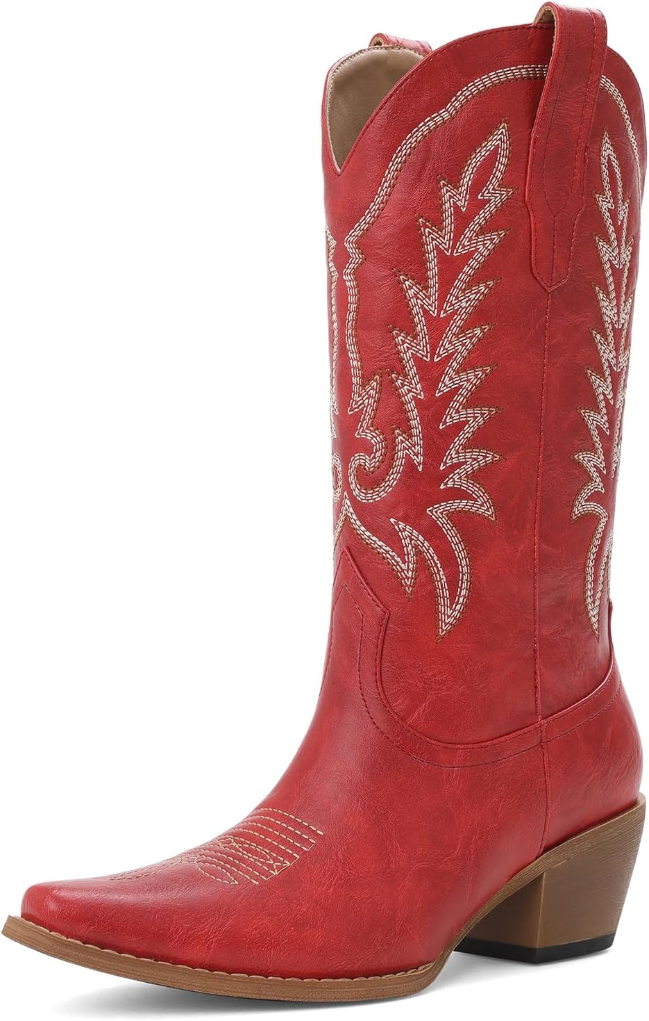Tscoyuki Cowboy Boots for Women | Cowgirl Boots with Chunky Heel, Pull On Tabs, Vintage Snip Toe Embroidery, Western-Inspired Mid Calf Boots
