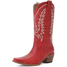 Tscoyuki Cowboy Boots for Women | Cowgirl Boots with Chunky Heel, Pull On Tabs, Vintage Snip Toe Embroidery, Western-Inspired Mid Calf Boots