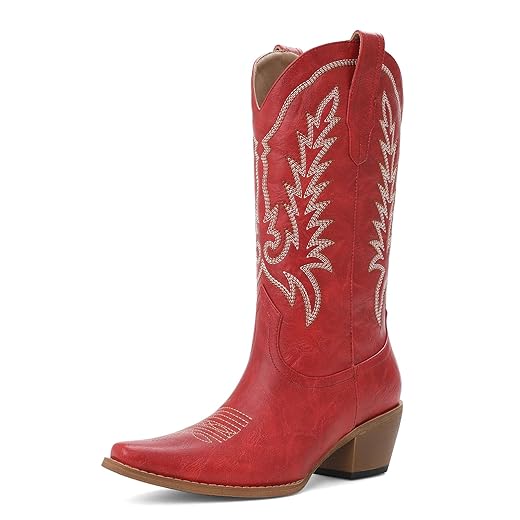 Tscoyuki Cowboy Boots for Women | Cowgirl Boots with Chunky Heel, Pull On Tabs, Vintage Snip Toe Embroidery, Western-Inspired Mid Calf Boots