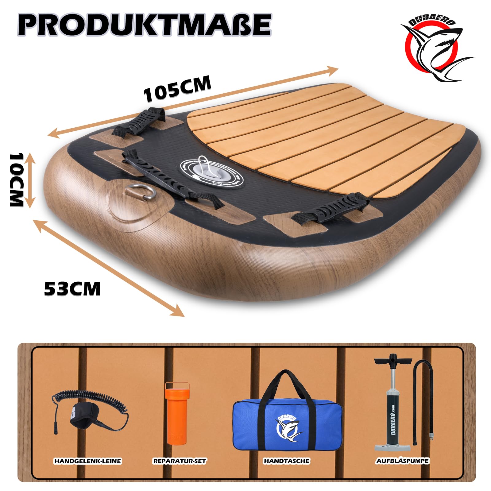 DURAERO Tabla de boogia inflable de 105 x 53 x 10 cm, tabla de surf para niños y adultos, tabla de surf con 2 asideros, bomba de aire, bolsa de transporte, kit de reparación e instrucciones (idioma