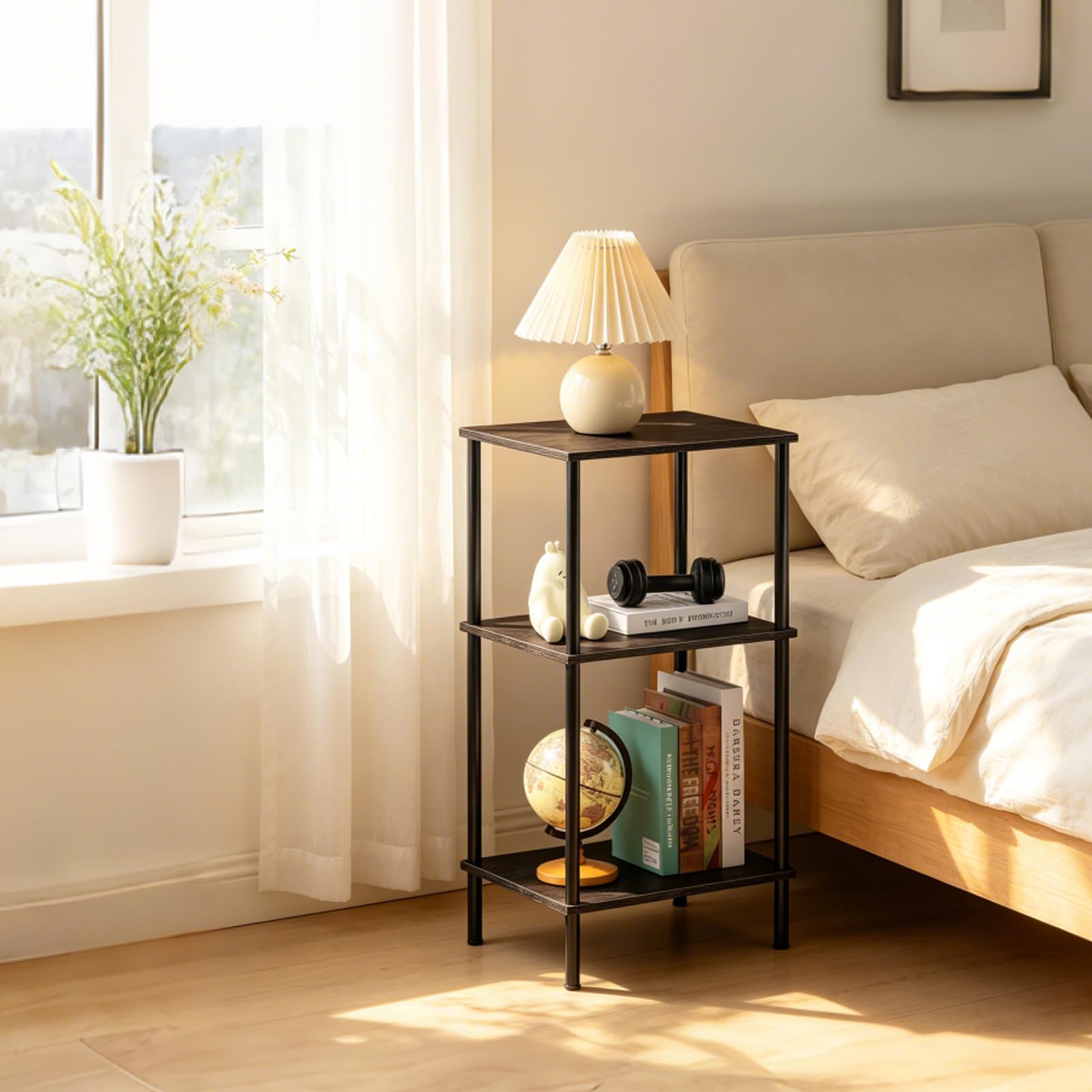 Tavolino alto per piccoli spazi, tavolo alto a 3 livelli con ripiani aperti per soggiorno, comodino industriale nero, tavolino alto, 40 × 32 × 76,5 cm