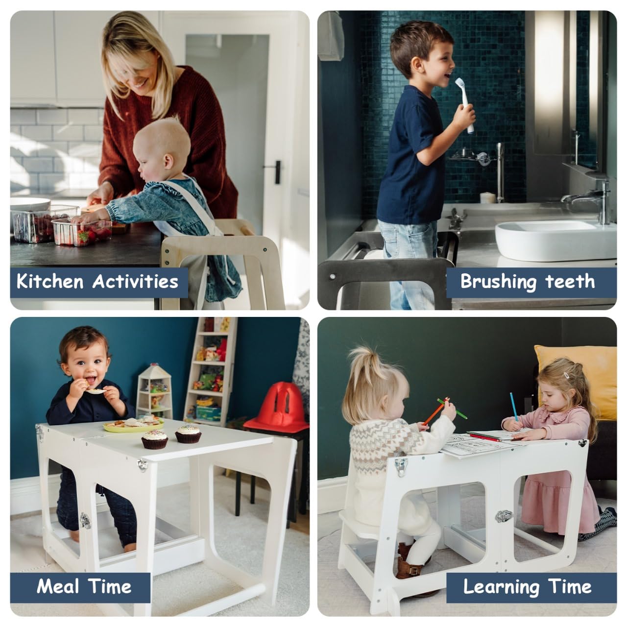 Convertible 2-in-1 Kids Kitchen Stool & Table/Chair, 1-6 Years Wooden Standing Tower with Safety Feet, Montessori Kitchen Step Stool, (Coated)