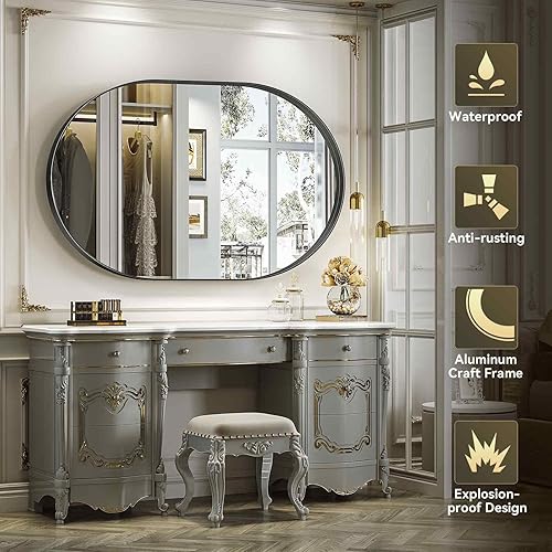 Miniatura 5 de Brightify Espejo ovalado negro para pared de 30 x 42 pulgadas, espejo de tocador de baño con marco de metal, moderno espejo de píldora para