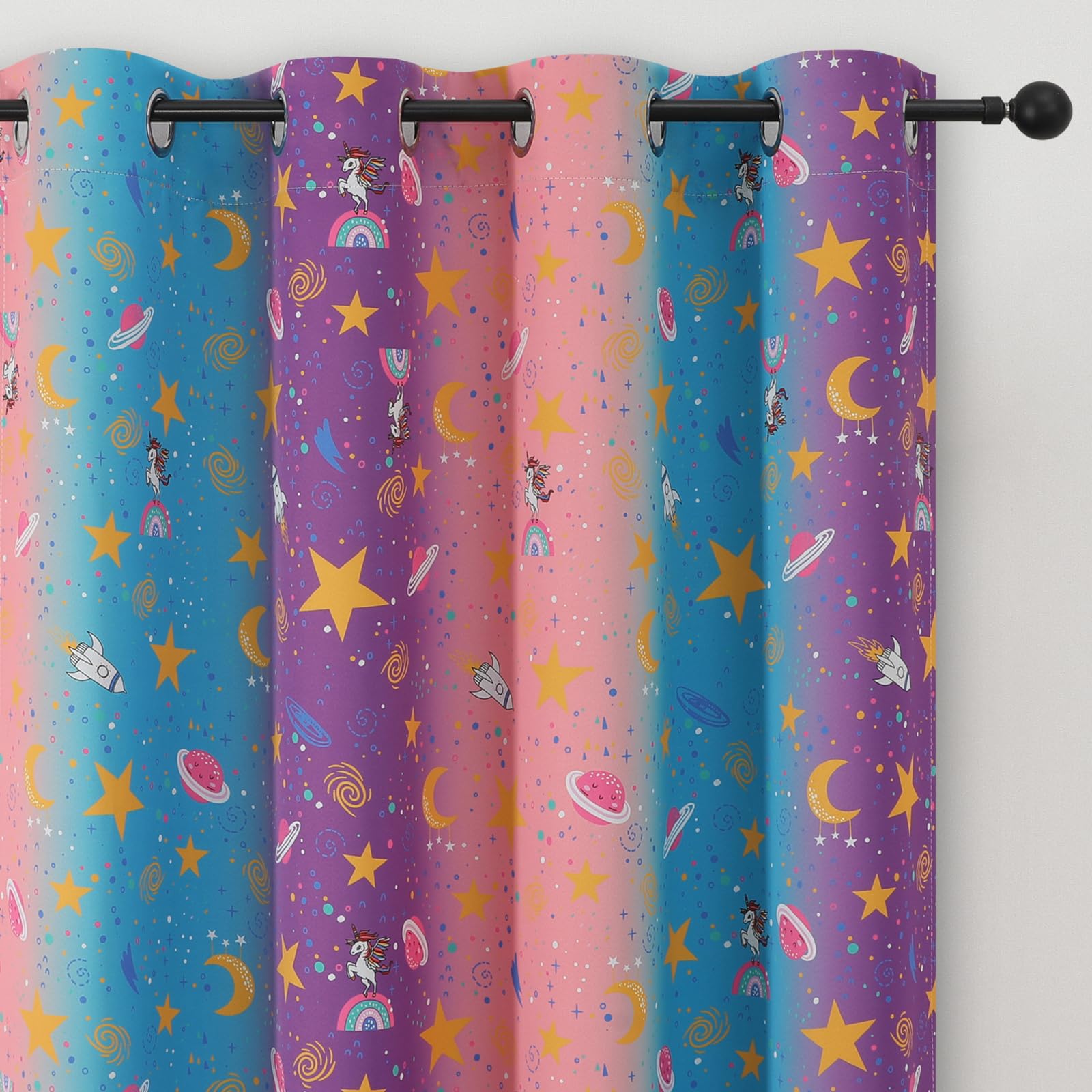 Pink Purple Blue Star Moon Unicorn Curtains for Girls Bedroom 63 Inch Long