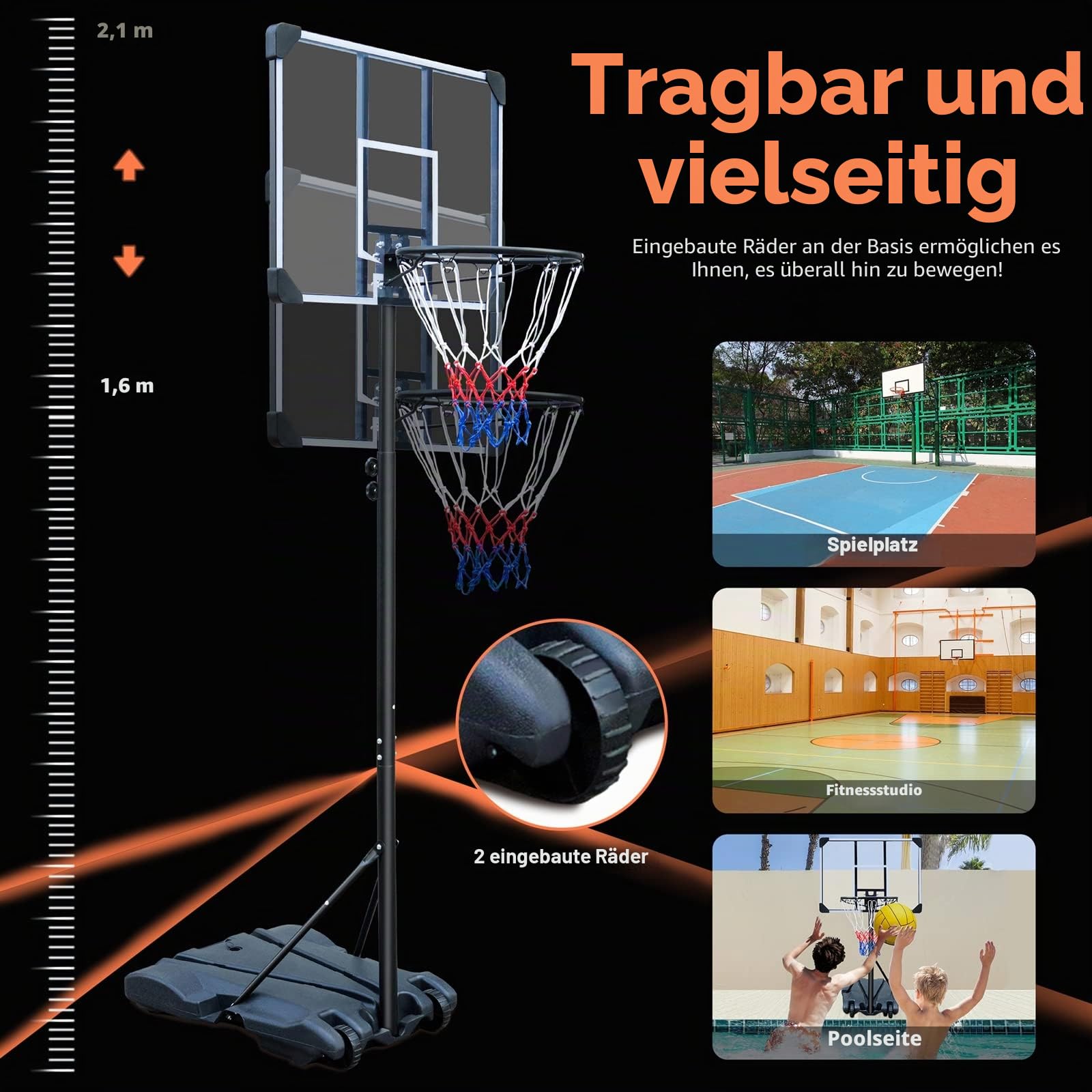 HIONRE Tragbarer Basketballkorb Basketballständer verstellbar 165-213 cm Schwarz