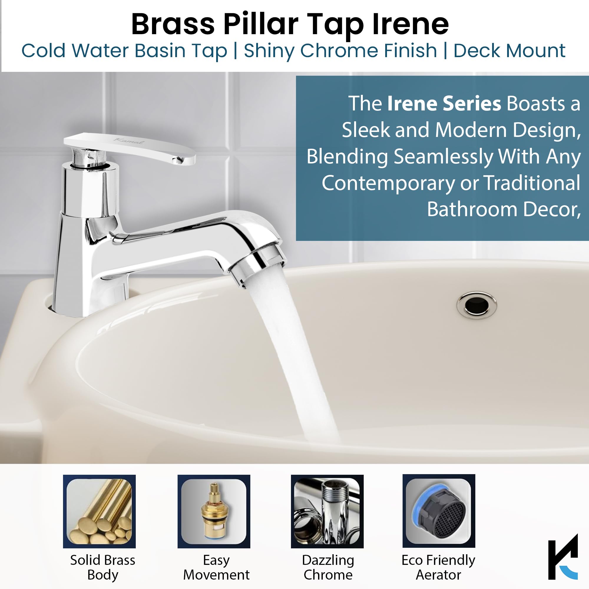 Kamal Irene Brass Bathroom Tap - Chrome Finish -5