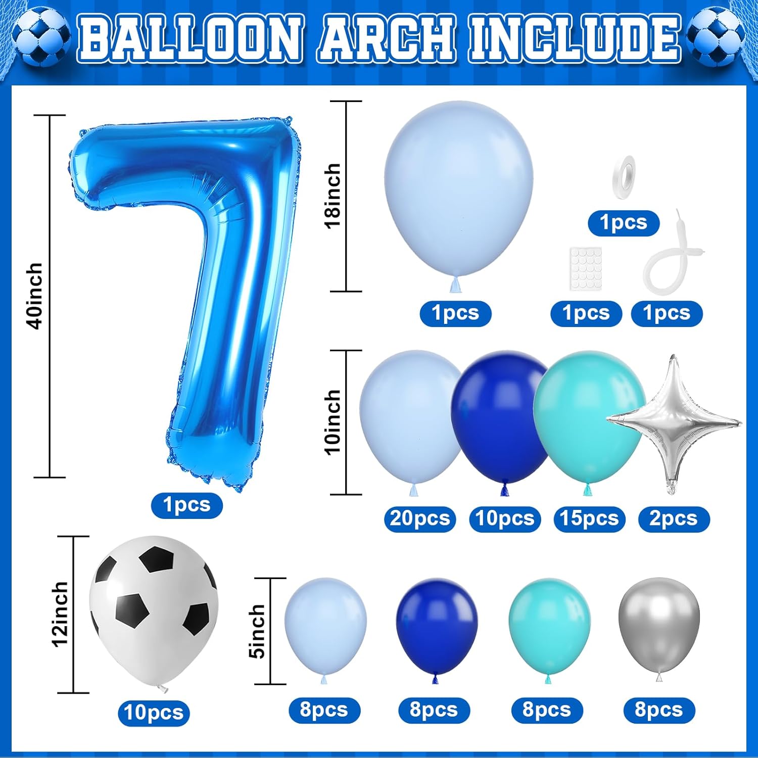 Soccer 7th Birthday Decorations for Boys, Royal Blue Teal Light Blue Balloon Garland Arch Kit with 40 Inch Blue Number 7 Balloon Tower, Soccer 7th Birthday Balloons for Kids Football Theme Party - Image 2