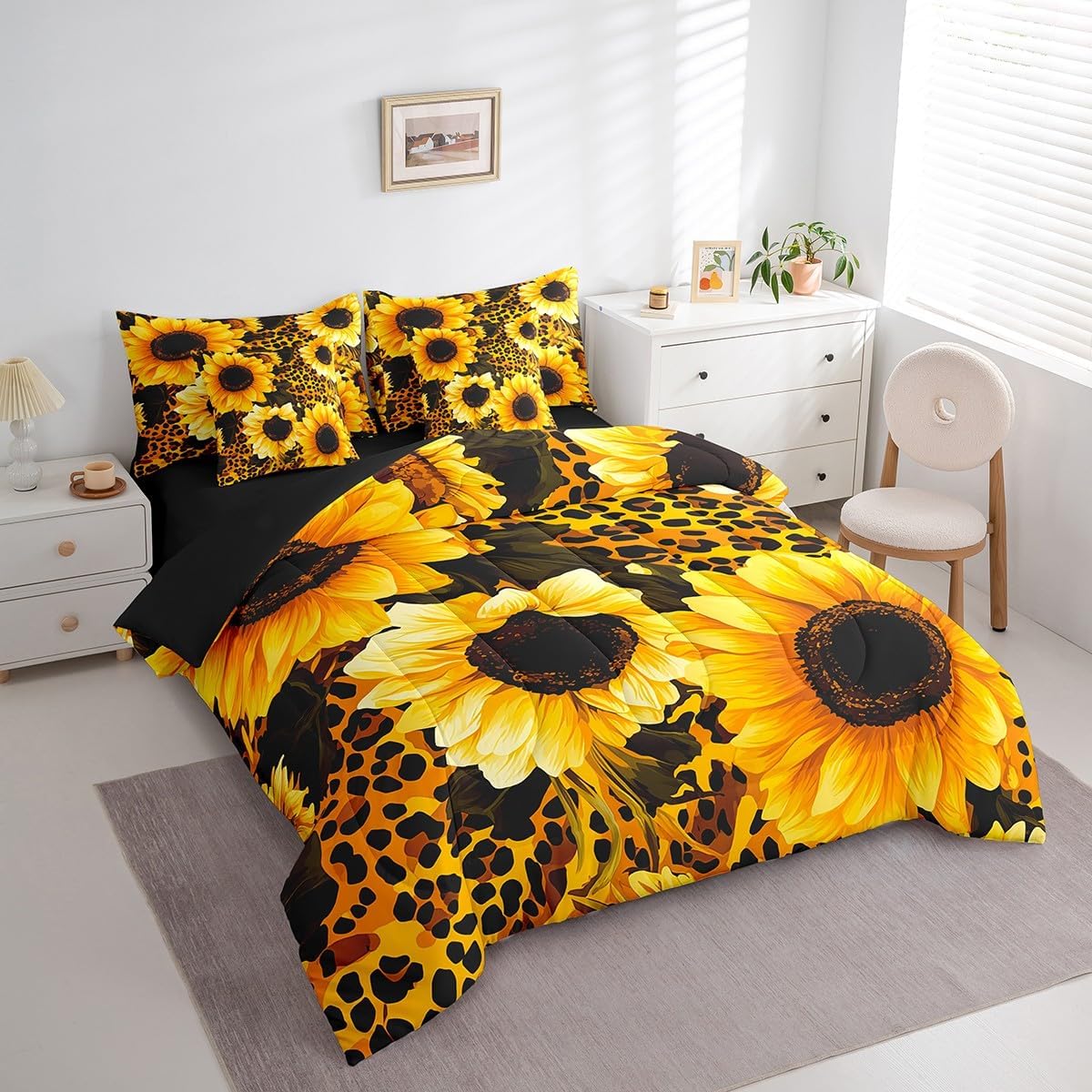 Feelyou Sunflower Comforter Cover Set King Size Cheetah Leopard Print 7 PCS Bedding Set Blossom Flower Floral Complete Bedding Comforter Sets with Comforter, Sheets, Pillowcases, Cushion Covers