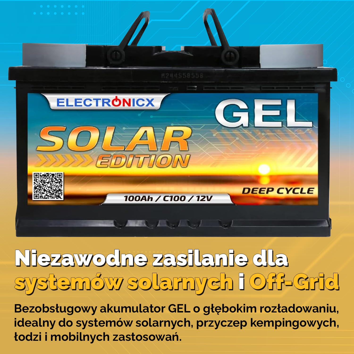 Electronicx GEL Solar Edition 100Ah 12V – akumulator żelowy Deep Cycle – 100Ah – bezobsługowy, szczelny, do użytku wewnętrznego – bez wycieków kwasu – ochrona przed korozją – 100% technologii żelowej