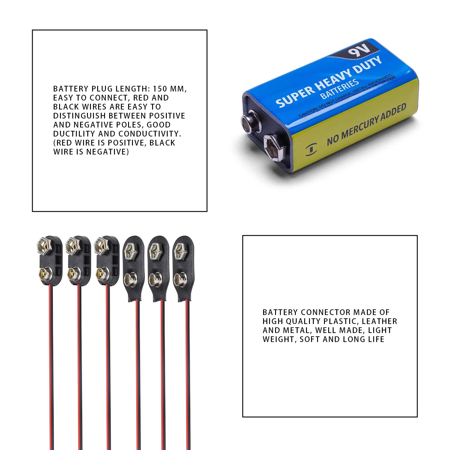 5 pezzi connettore a clip batteria 9V con fili in plastica rigida 9 volt battery 5 pezzi connettore a clip batteria 9V con fili in plastica rigida 9 volt battery