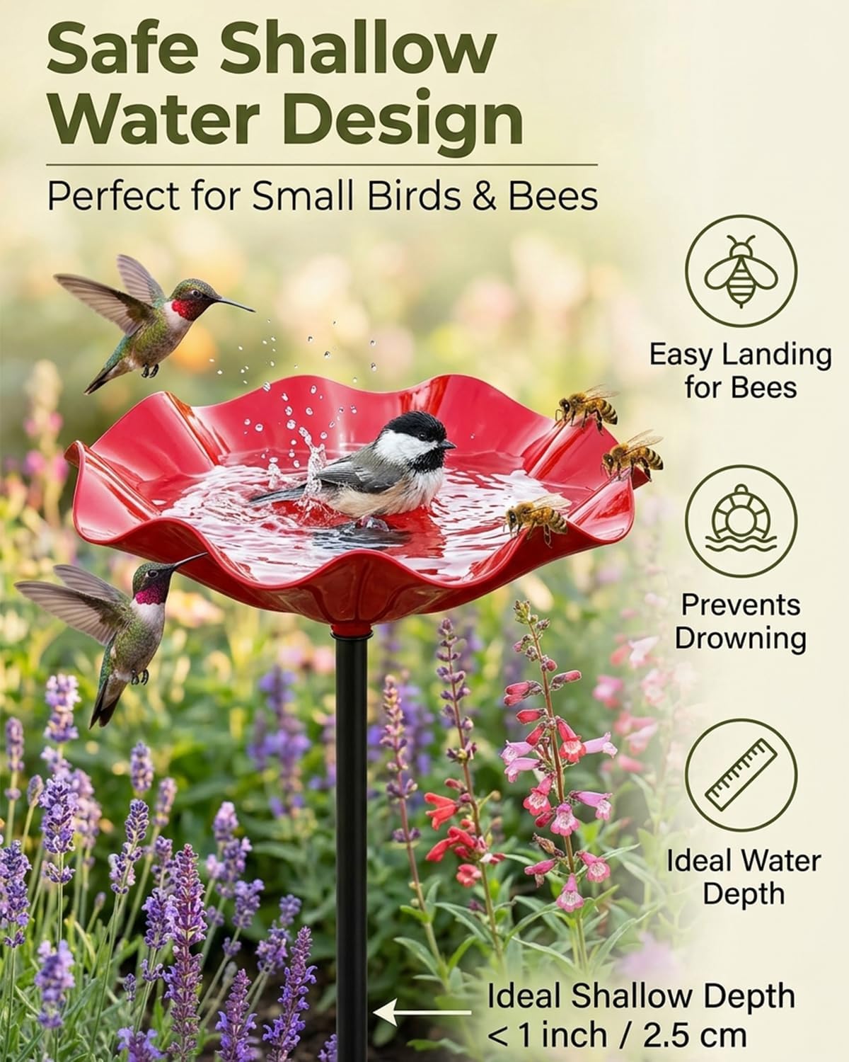 Bee Watering Station Metal Flower Garden Stakes Bird Bath Bowl Decorative Decor Mini Flowers Handmade Stake & Pollinator Water Baths for Outdoor Features Outside Grace on Feeder Birdbath image 3