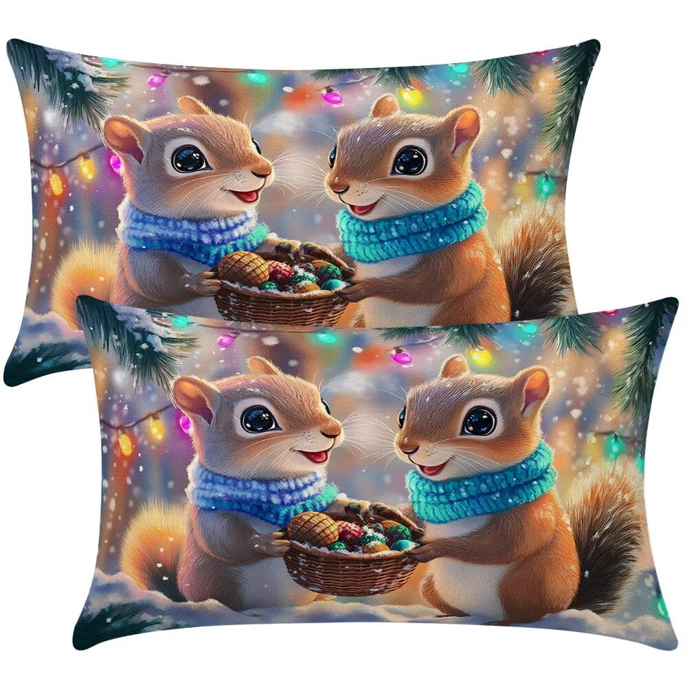 Cushion Covers 20cm x 30cm Cartoon Cushion Cover 8 x 12 Inches Pack of 2 Throw Pillow Covers Squirrel Sofa Cushions Polyester Linen Decorative Pillowcases for Living Room Bedroom Home Decor -SC389