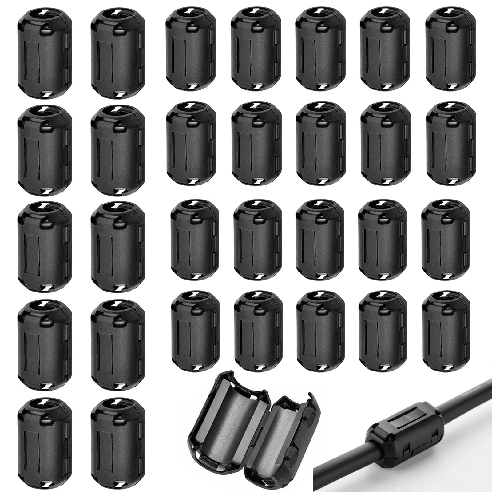 Rdzenie ferrytowe do kabli, 30 sztuk klipsów ferrytowych, tłumik zakłóceń EMI, klips do kabli o średnicy wewnętrznej 3,5 mm, 5 mm, 7 mm, do kabli USB, kabli audio i wideo, kabli zasilających