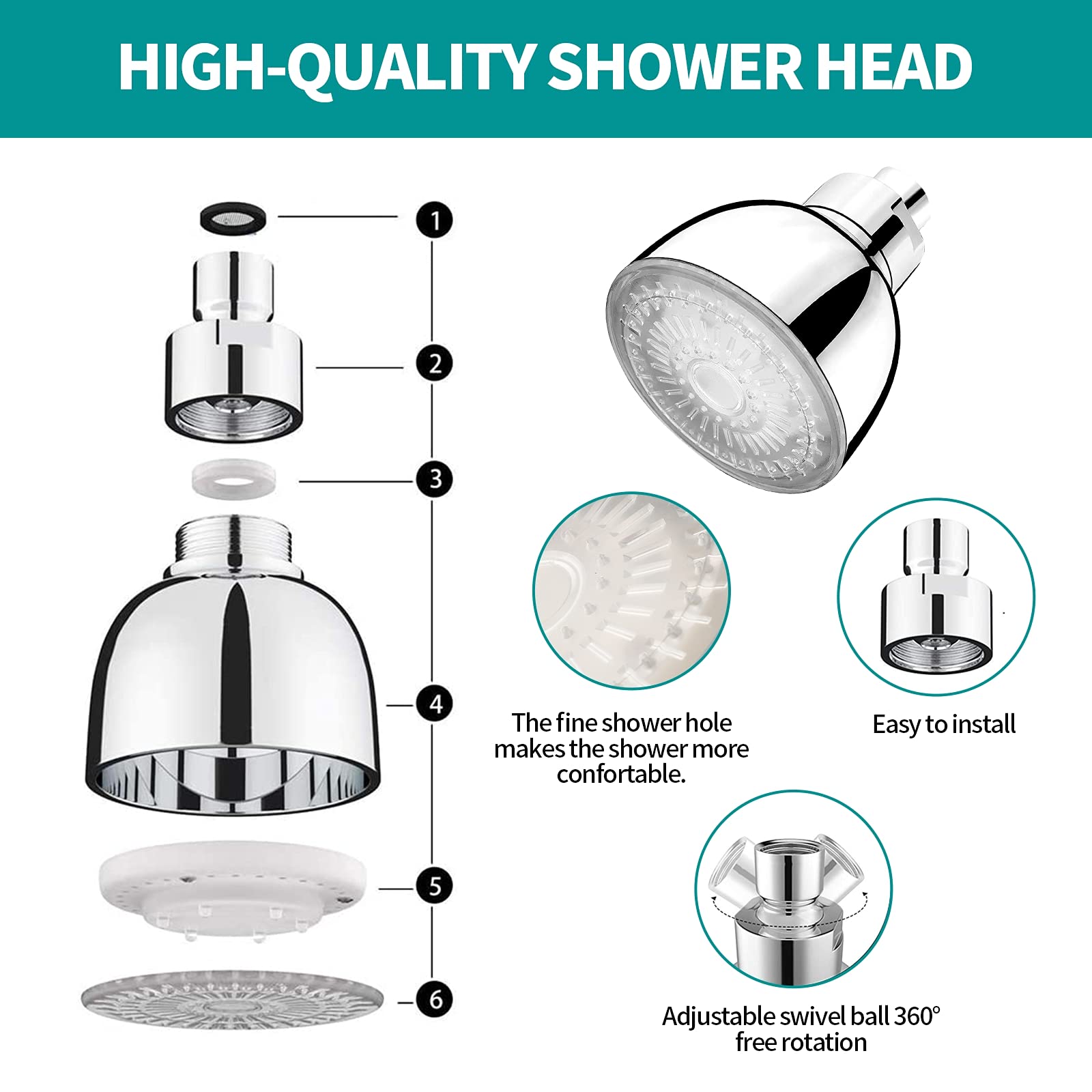 Cabezal de ducha LED, 7 luces de color cambian automáticamente el cabezal de ducha fijo para baño, instalación sin herramientas, ajustable, ultra silencioso de alta presión para niños y adultos