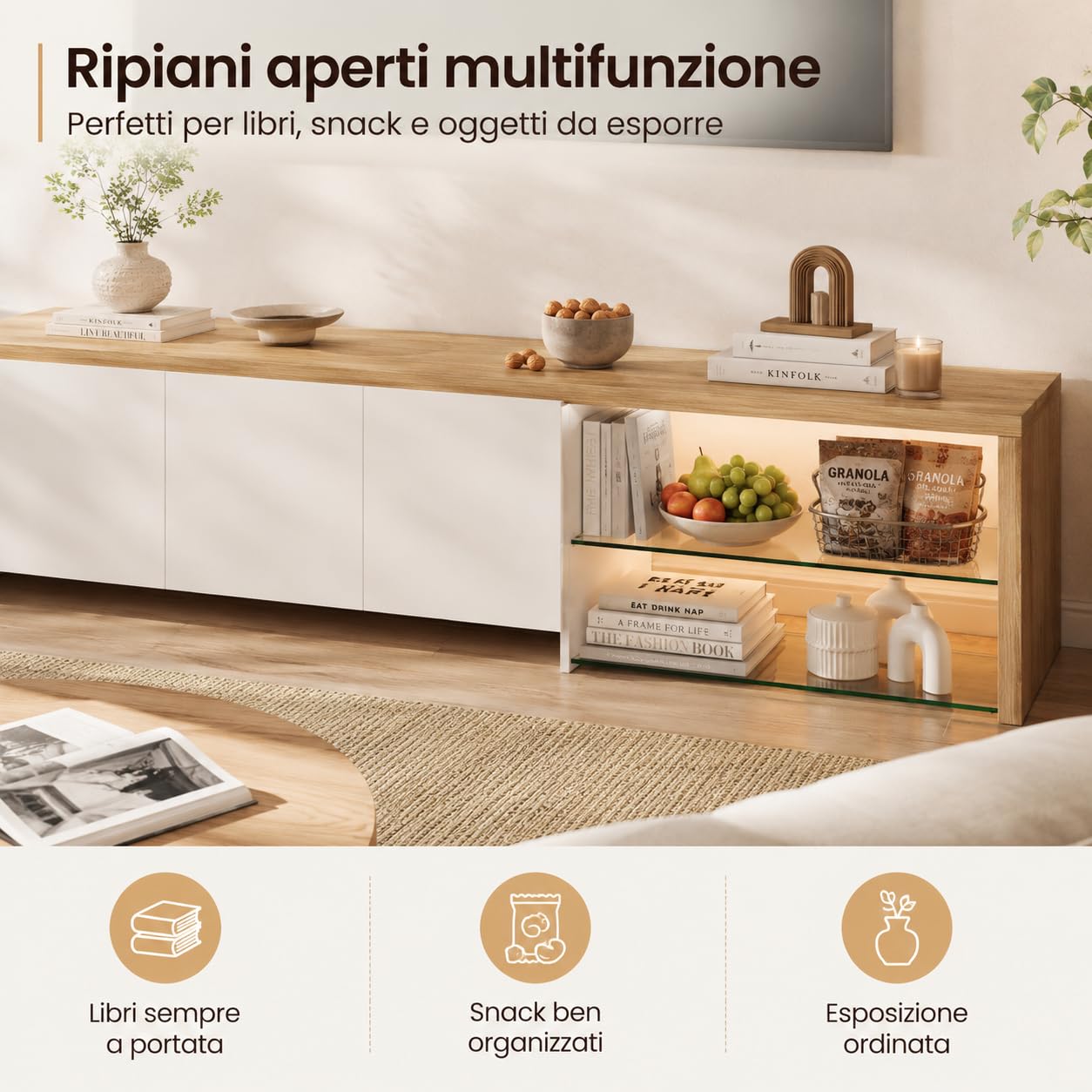 Mueble bajo para TV con Espacio de Almacenamiento, Mesa de televisión con 3 Puertas y Estante de Cristal, Banco de TV para televisores de hasta 85 Pulgadas, aparador para salón, Color Blanco