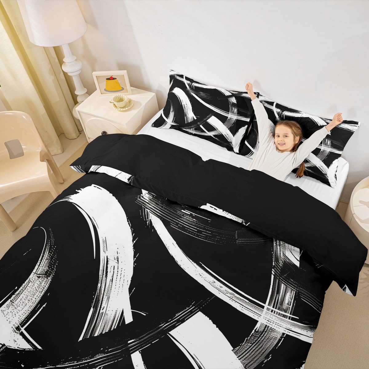 Manfei Black White Duvet Cover Set Full Size,Abstract Modern Simple Line Bedding Set 3pcs,Geometric Aesthetic Quilt Cover,Kids Boys Girls Room Decor,2 Pillowcases,No Comforter