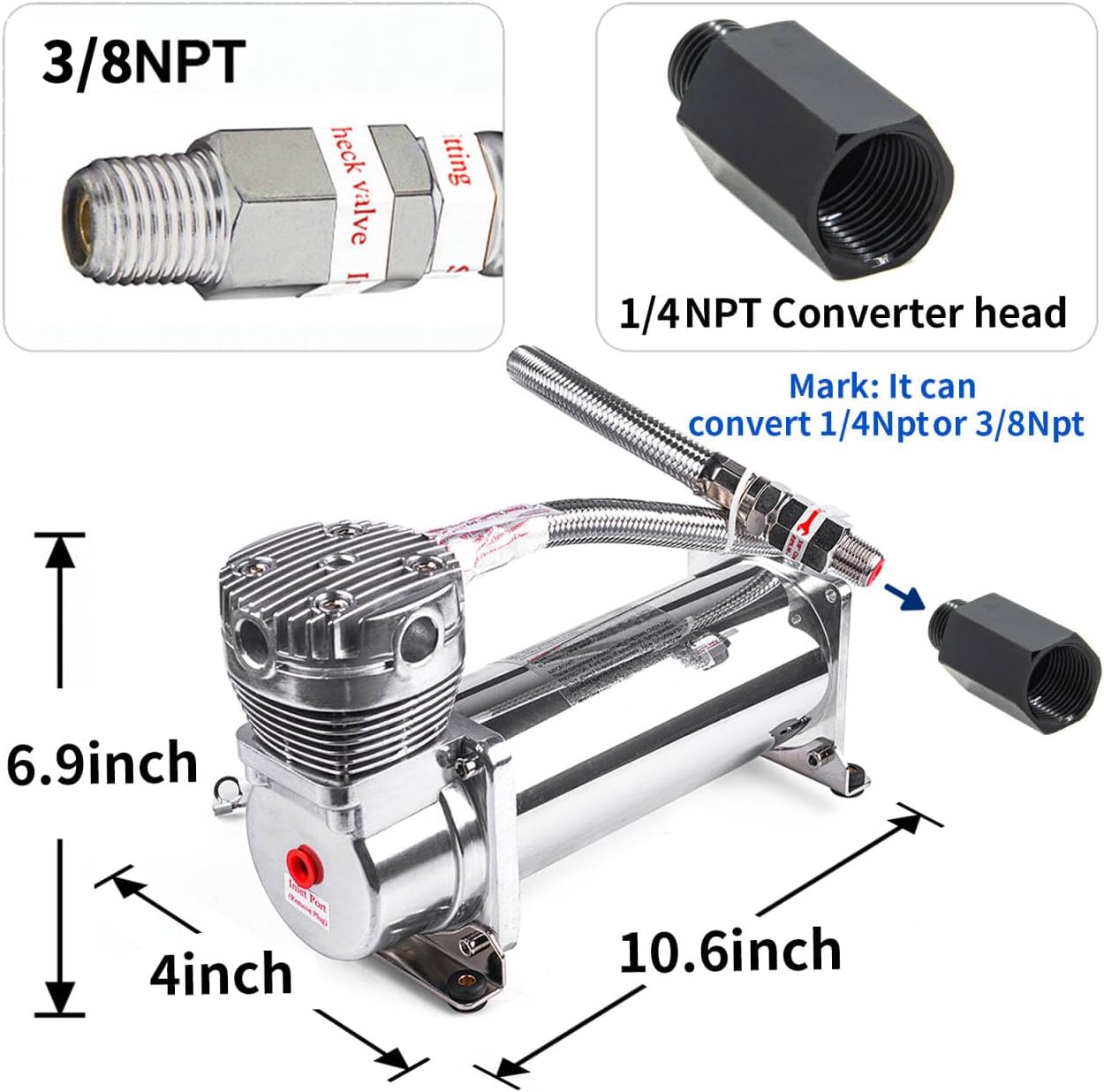 3/8NPT Heavy Duty 200 PSI Air horn Compressor kit with 1/4NPT Converter head and Oil water separator, Fittings for 12V Cars/Train/Truck,Air Suspension horn Compressor SILVER