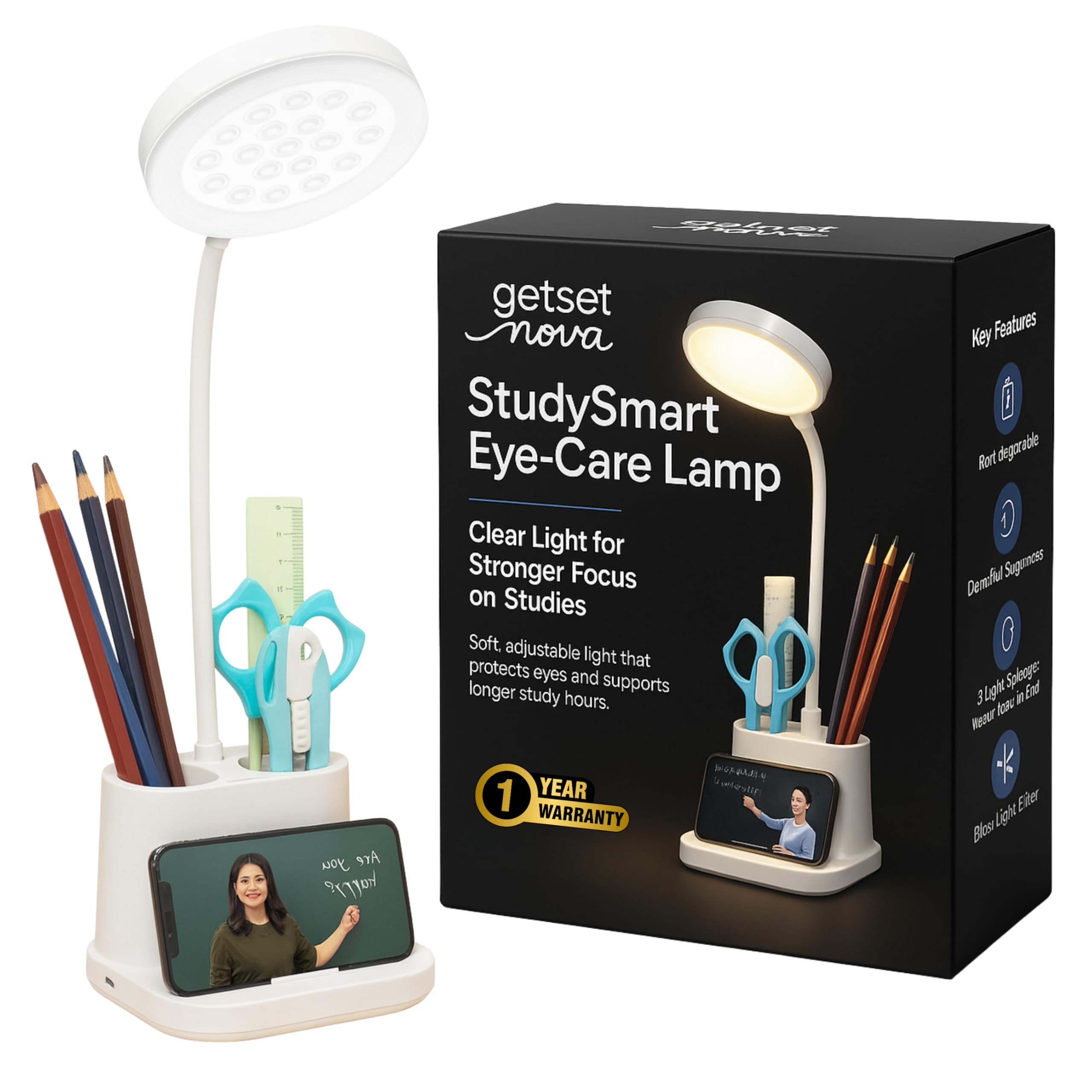 NOVA LINT REMOVER Table Lamp for Study Room & Study Lamp – Rechargeable LED Desk Lamp Study Portable lamp Light for Study Battery Table Lamp & Book Reading Light with StudySmart Eye-Care, 3 Modes