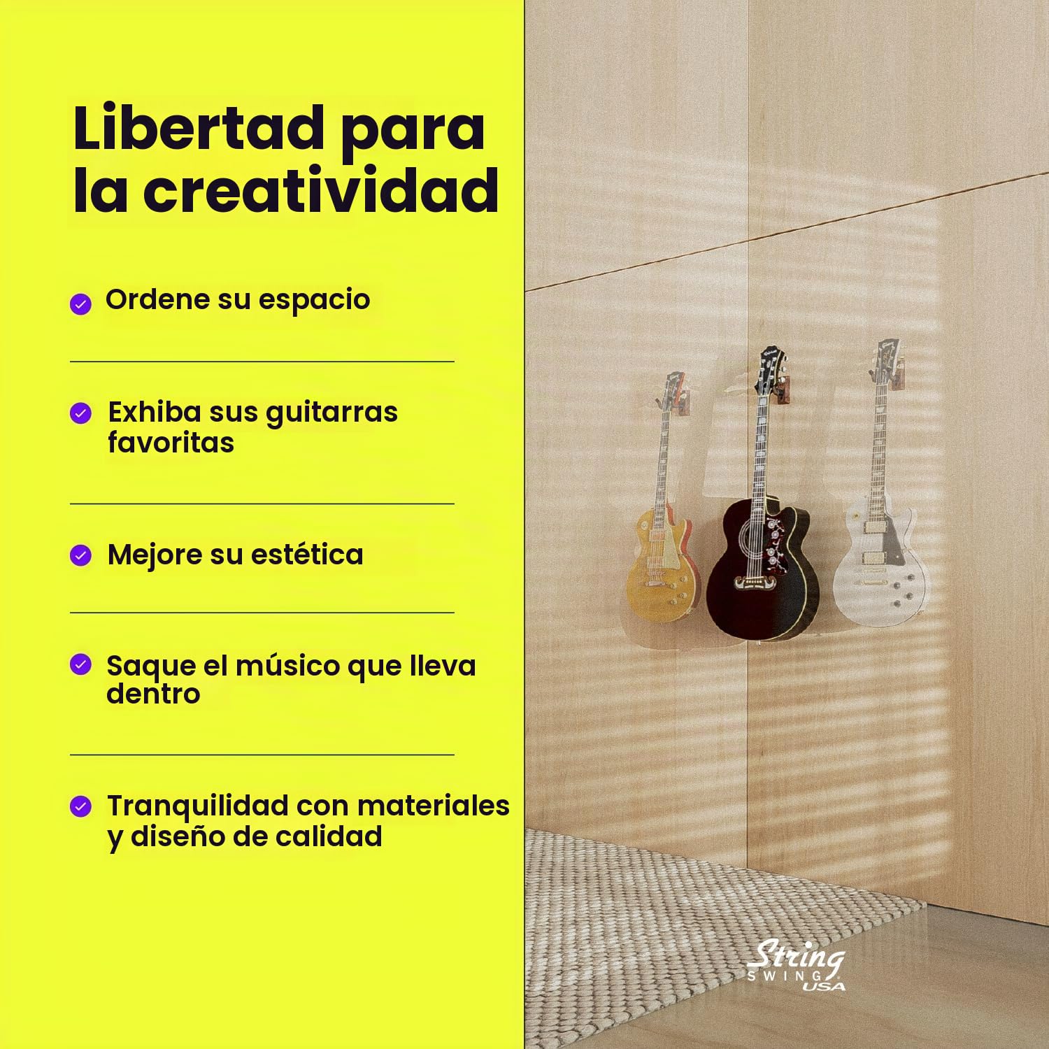 String Swing Colgador de Pared para Guitarra y Soporte Pared Guitarra - Nogal Negro