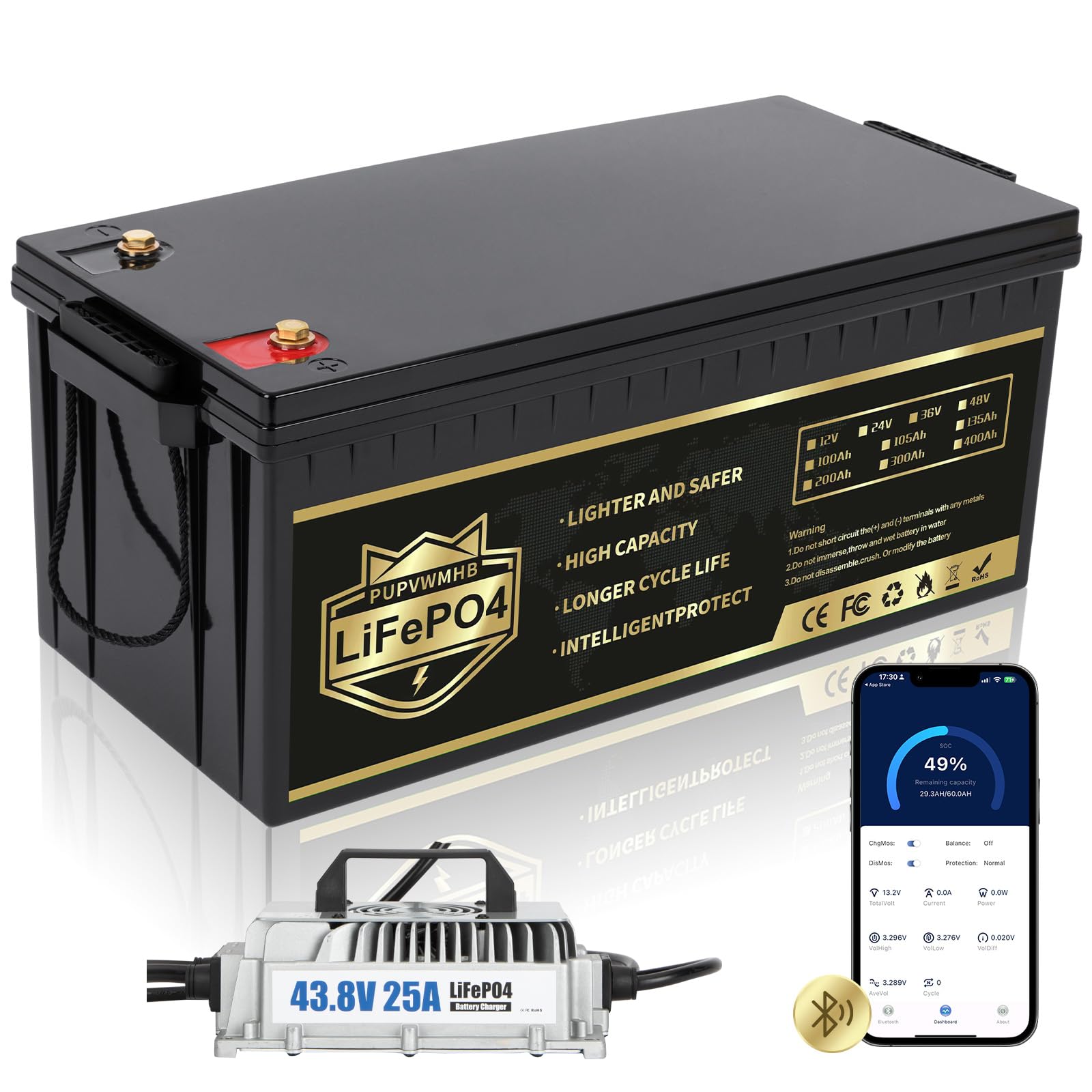 36V 105Ah LiFePO4 Golf Cart Battery, Built-in Smart 200A BMS, Mobile APP, 5000+ Cycles Rechargeable Lithium Battery, Includes 43.8V 25A Charger, Perfect for Golf Cart,Trolling Motor