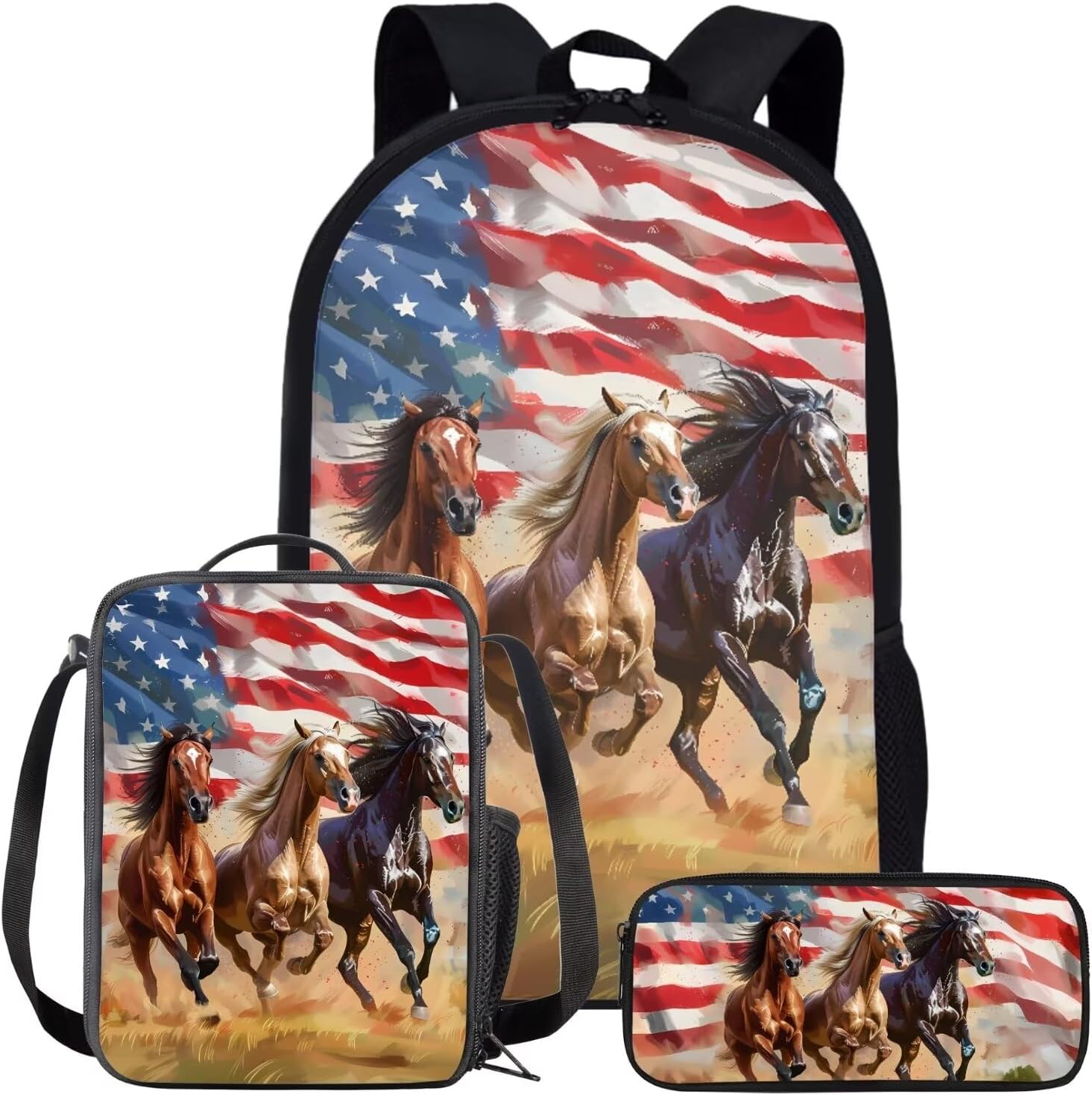 POLERO American Flag Horse Backpack with Lunch Box Pencil Case 3pcs School Bag Set Travel Daypack Rucksack Bookbags for Kids Teens