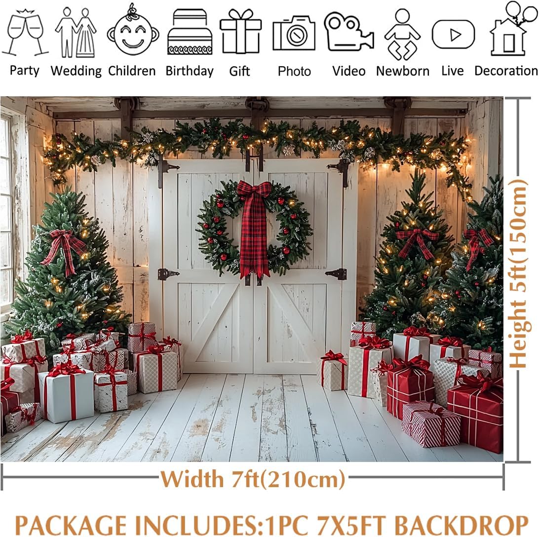 Avezano 7x5ft Christmas Backdrop Christmas Barn Wood Door Photography Backdrop Xmas Tree Gift Background Winter Xmas Holiday Party Supplies