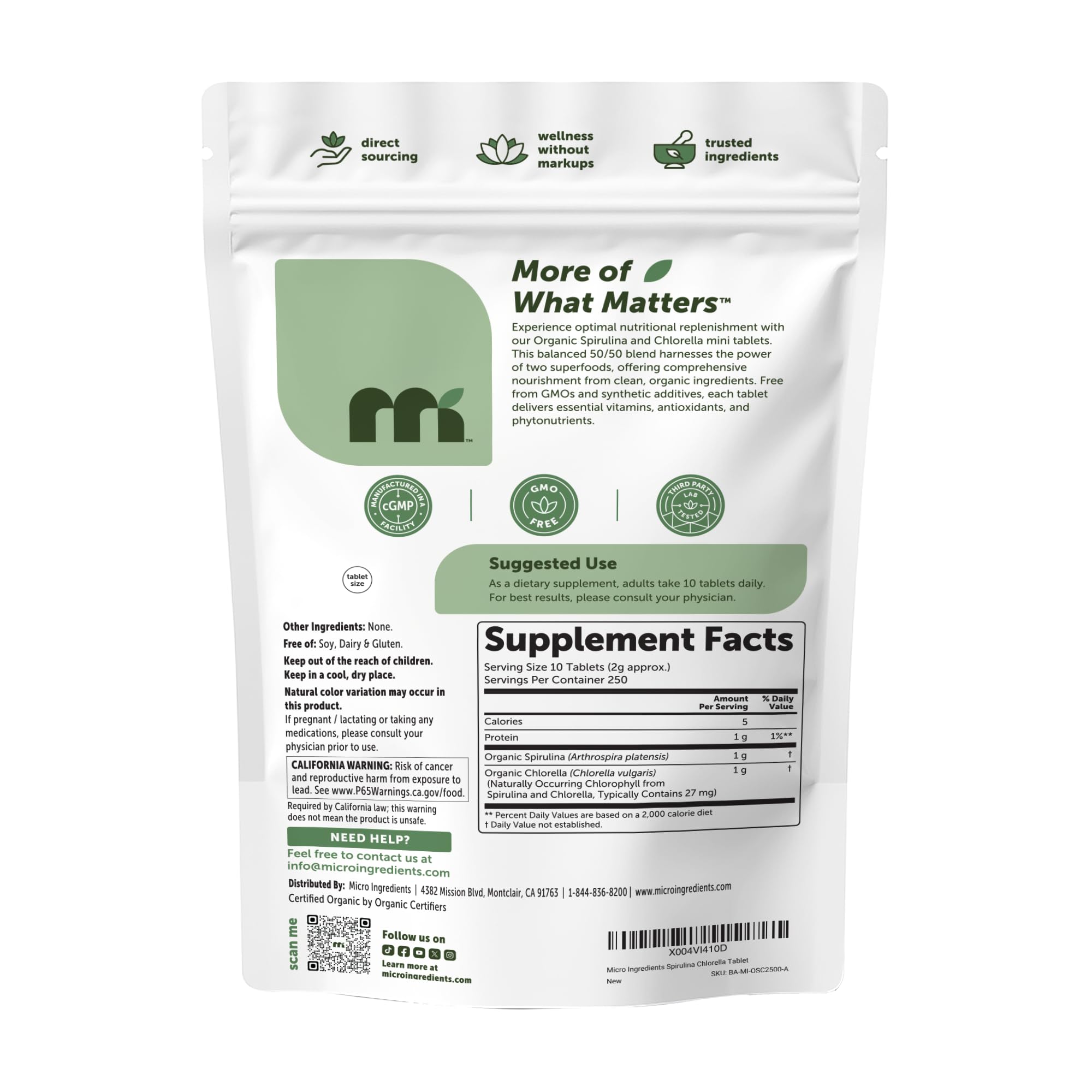 Micro Ingredients Organic Spirulina Chlorella Mini Tablets, 2,500 Tablets (8 Month Supply) | 50/50 Algae Blend | No Fillers, Non-GMO — Amazon image 7