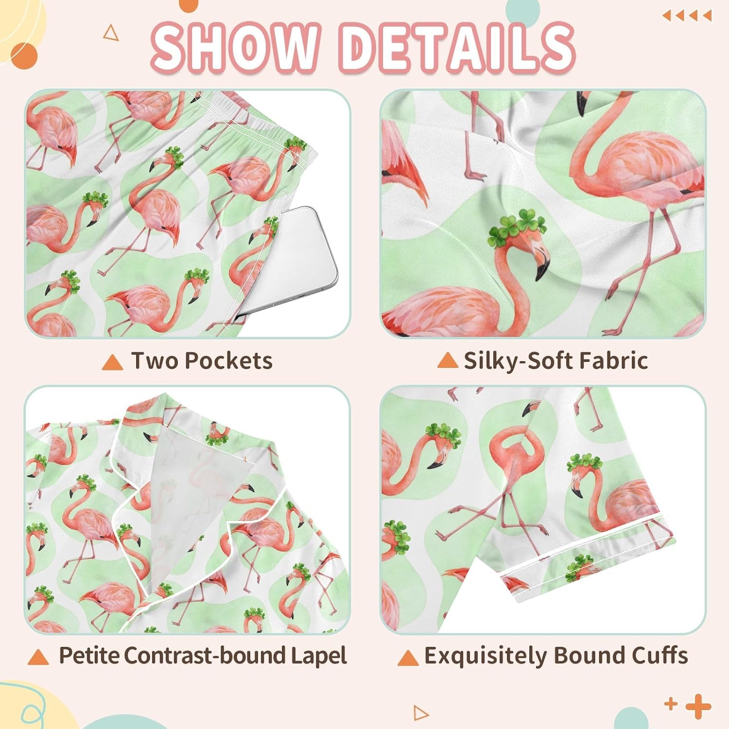 Kids Satin Wear Set Four Leaf Clover Flamingo Relaxing Clothing Short Sleeve and Shorts